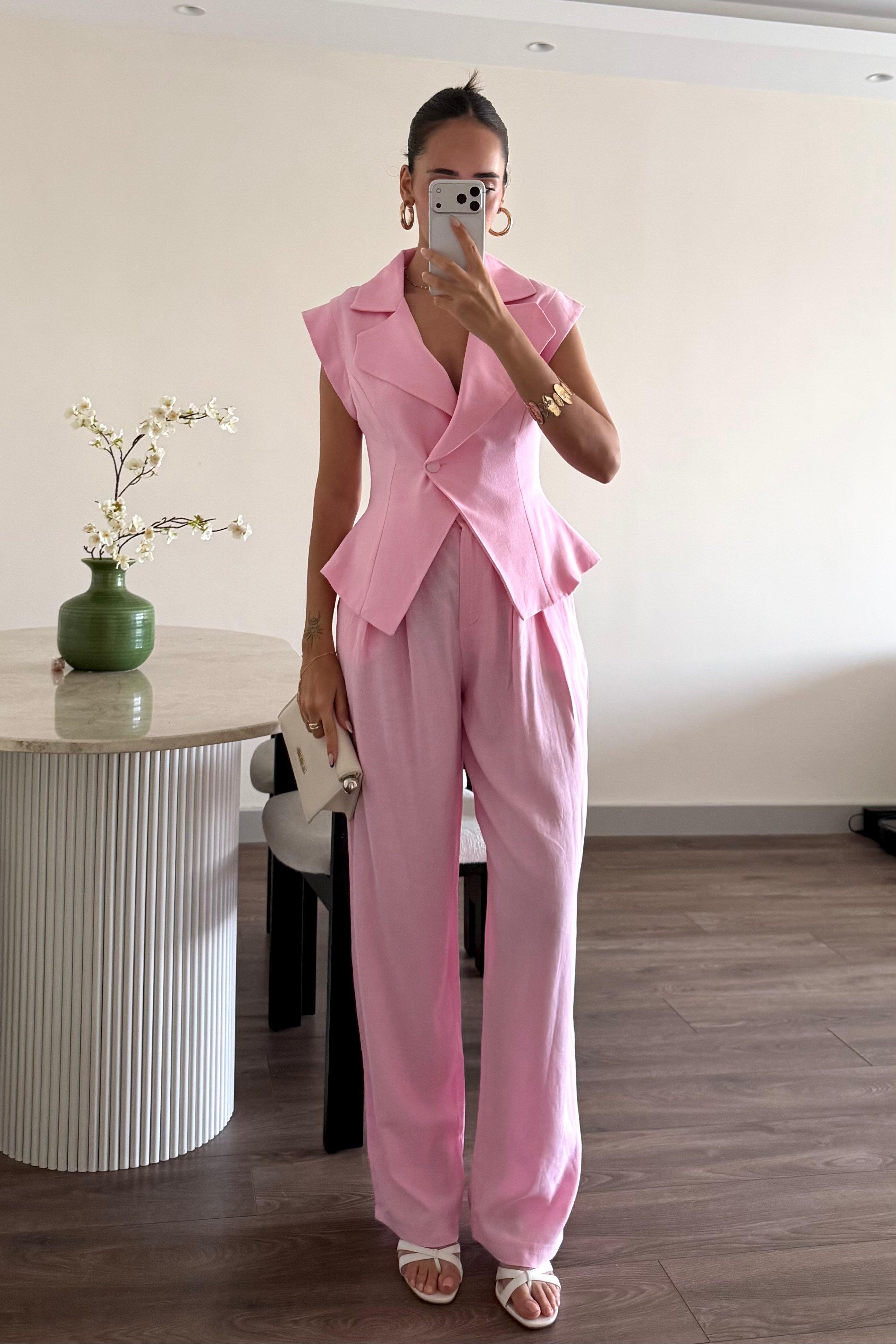 Pembe Kolsuz Ceket Keten Takım - Kadın Outfit Sets Modelleri - Nazliye Moda | Kadın Giyim Modası