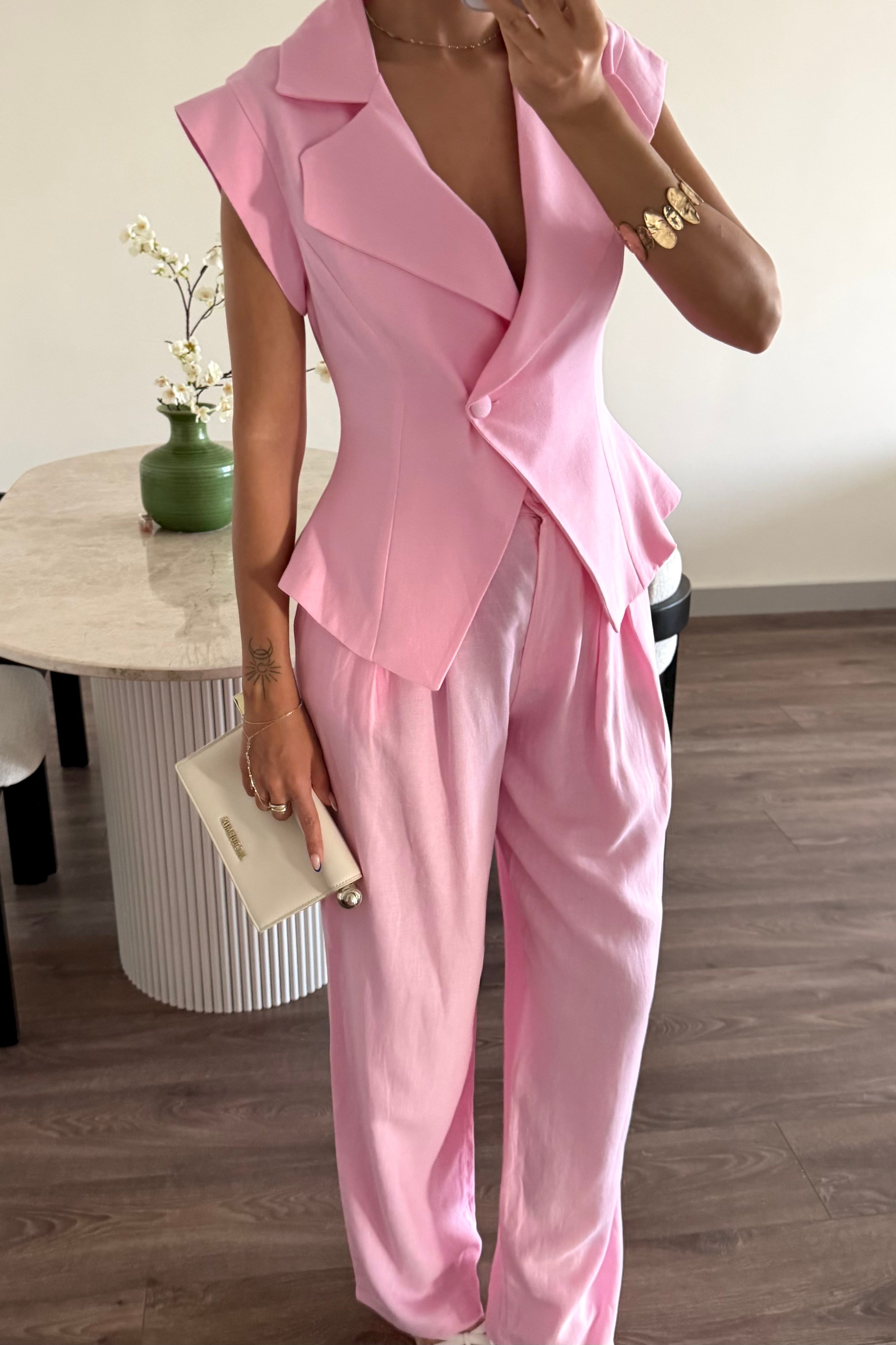 Pembe Kolsuz Ceket Keten Takım - Kadın Outfit Sets Modelleri - Nazliye Moda | Kadın Giyim Modası