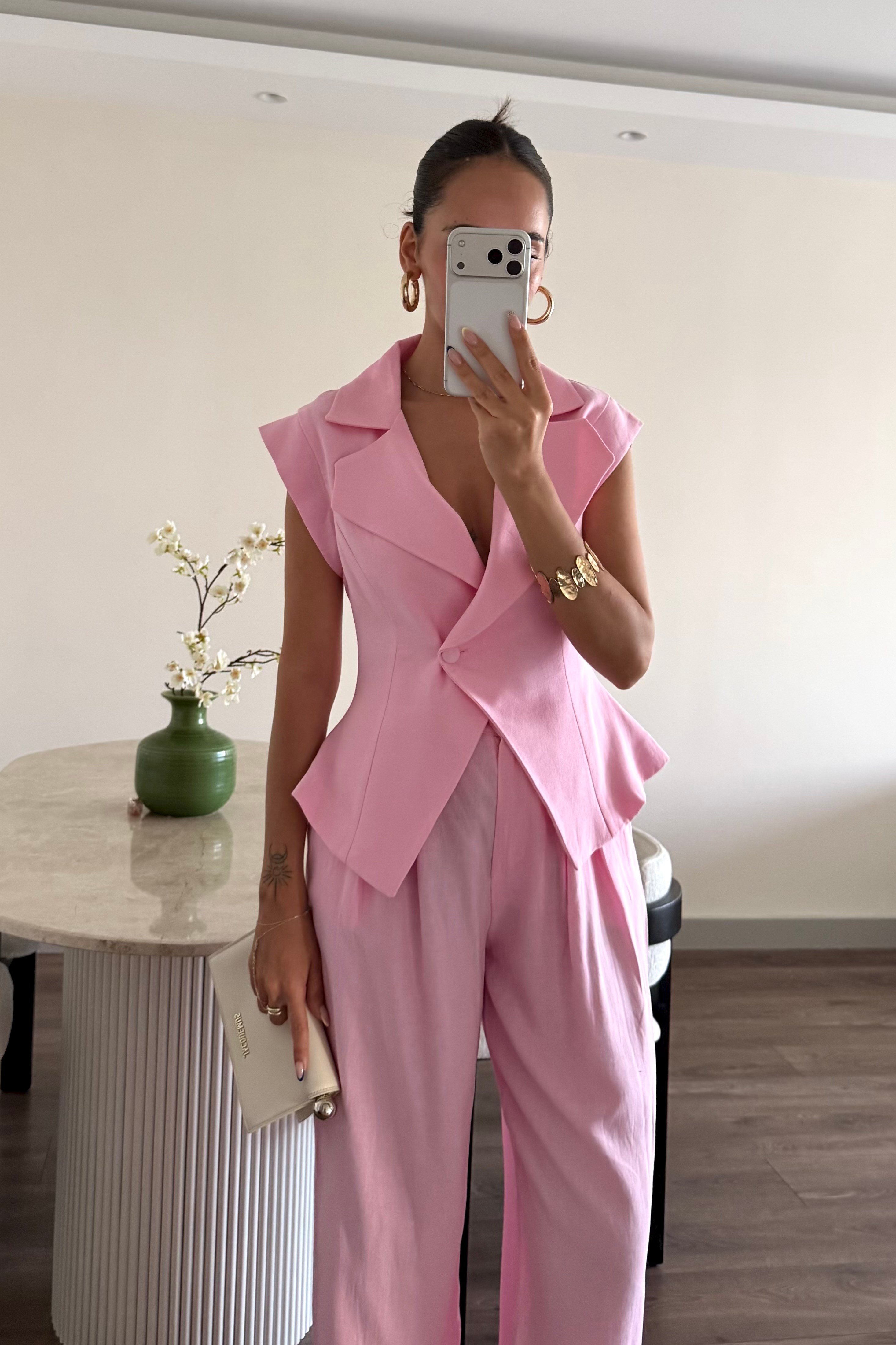 Pembe Kolsuz Ceket Keten Takım - Kadın Outfit Sets Modelleri - Nazliye Moda | Kadın Giyim Modası
