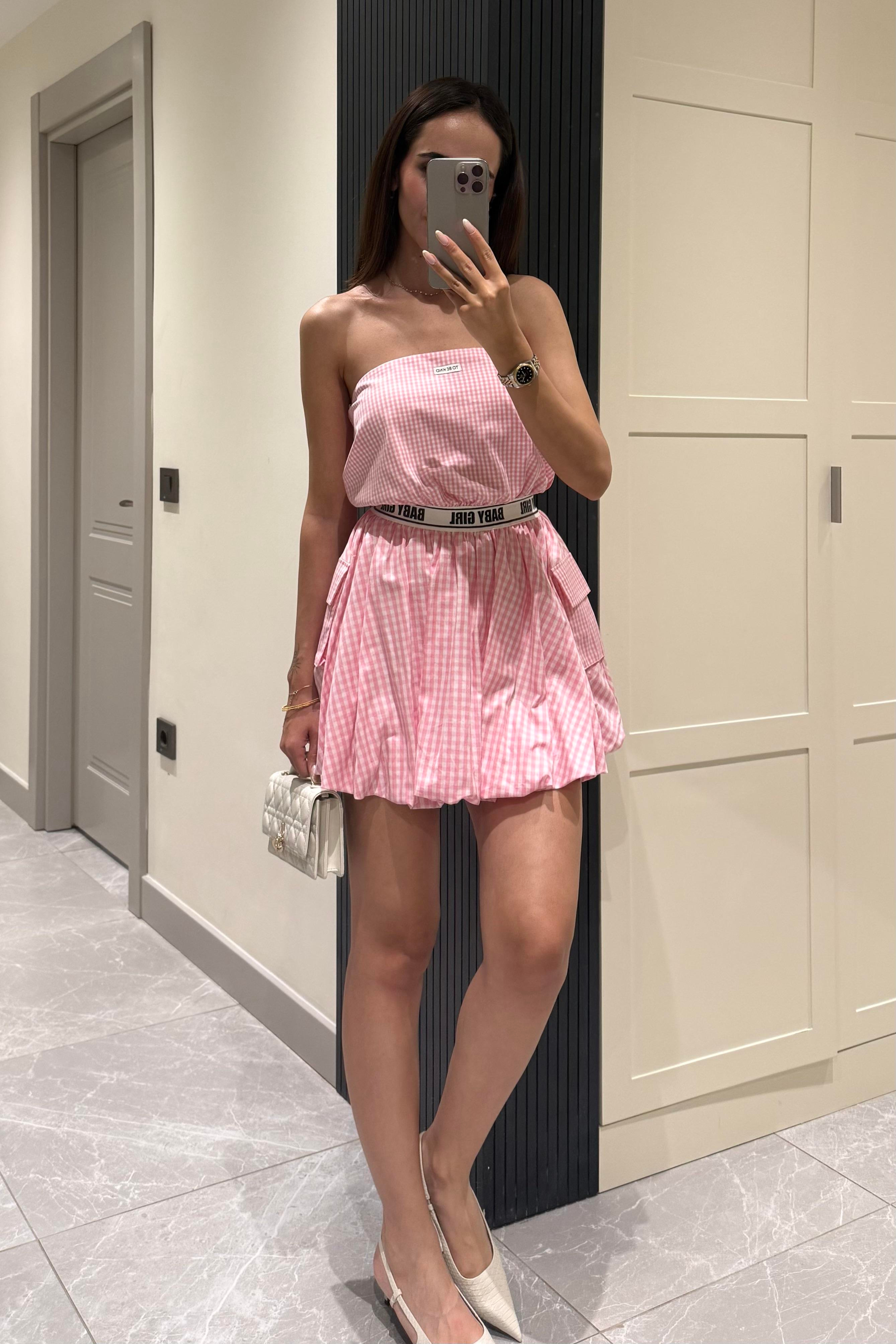 Pembe Pitikare Straplez Mini Elbise - Kadın Elbise Modelleri - Nazliye Moda | Kadın Giyim Modası