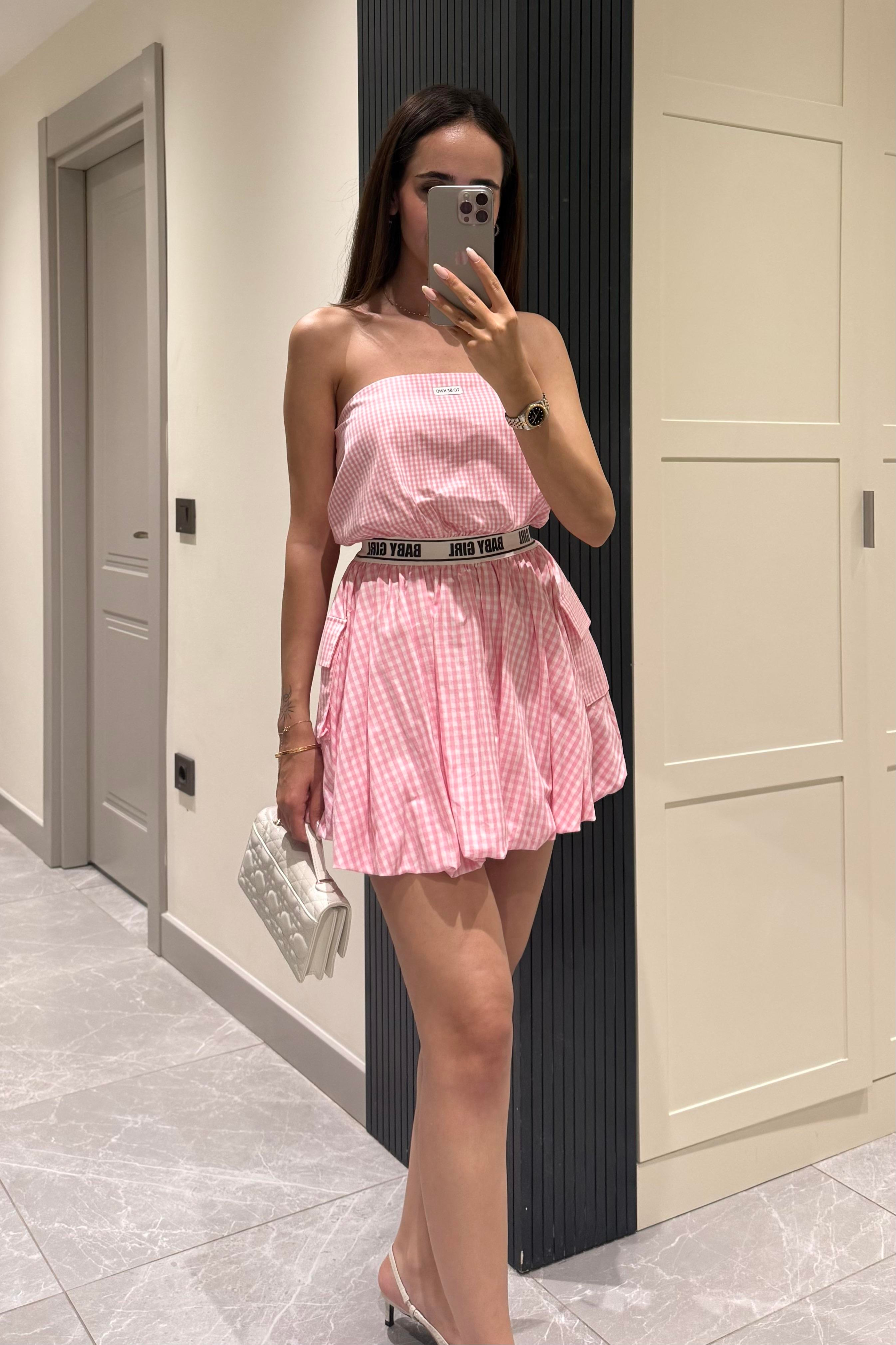 Pembe Pitikare Straplez Mini Elbise - Kadın Elbise Modelleri - Nazliye Moda | Kadın Giyim Modası