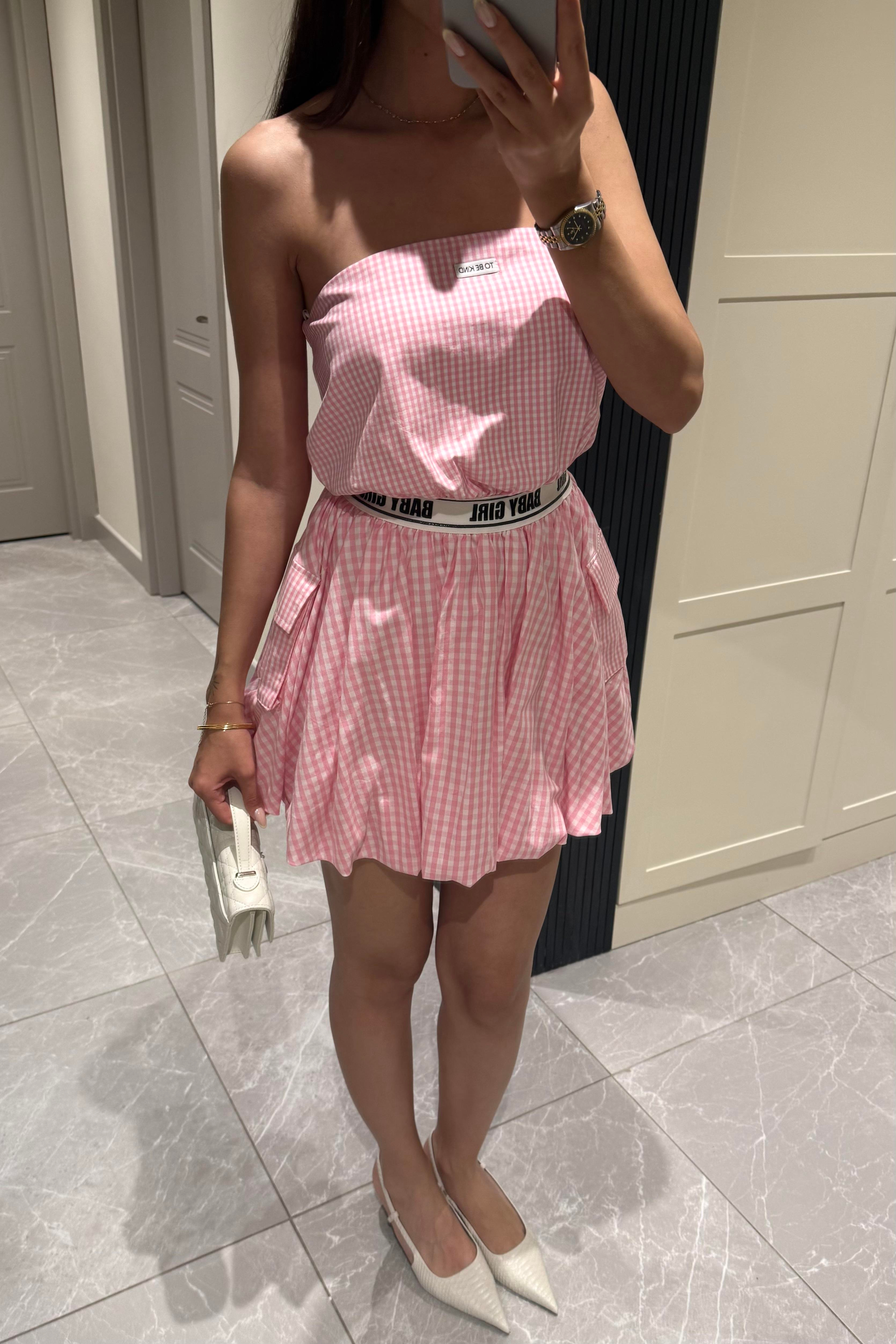 Pembe Pitikare Straplez Mini Elbise - Kadın Elbise Modelleri - Nazliye Moda | Kadın Giyim Modası