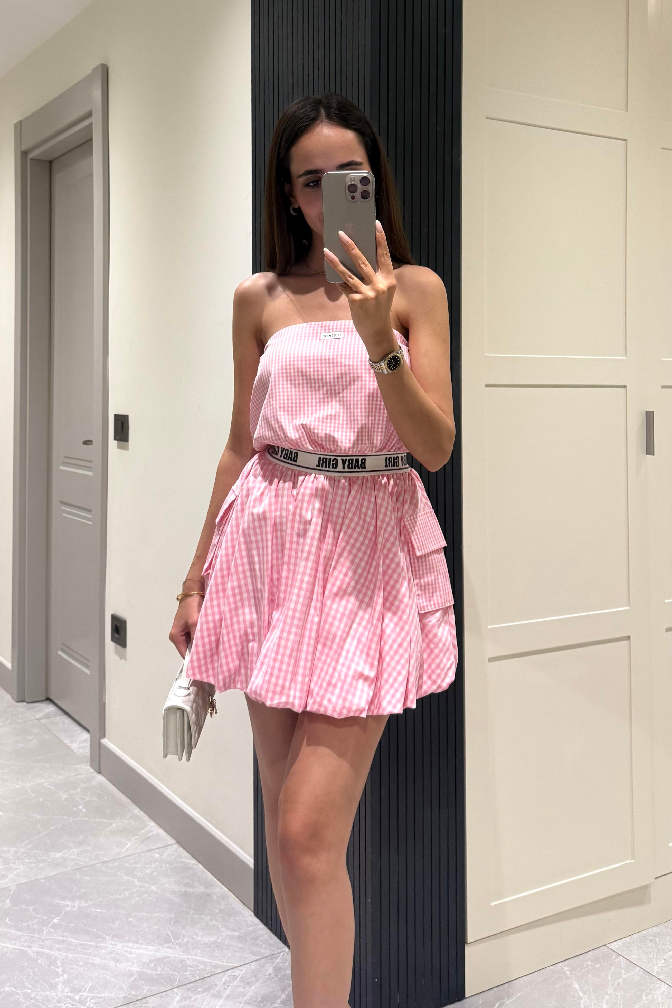 Pembe Pitikare Straplez Mini Elbise - Kadın Elbise Modelleri - Nazliye Moda | Kadın Giyim Modası