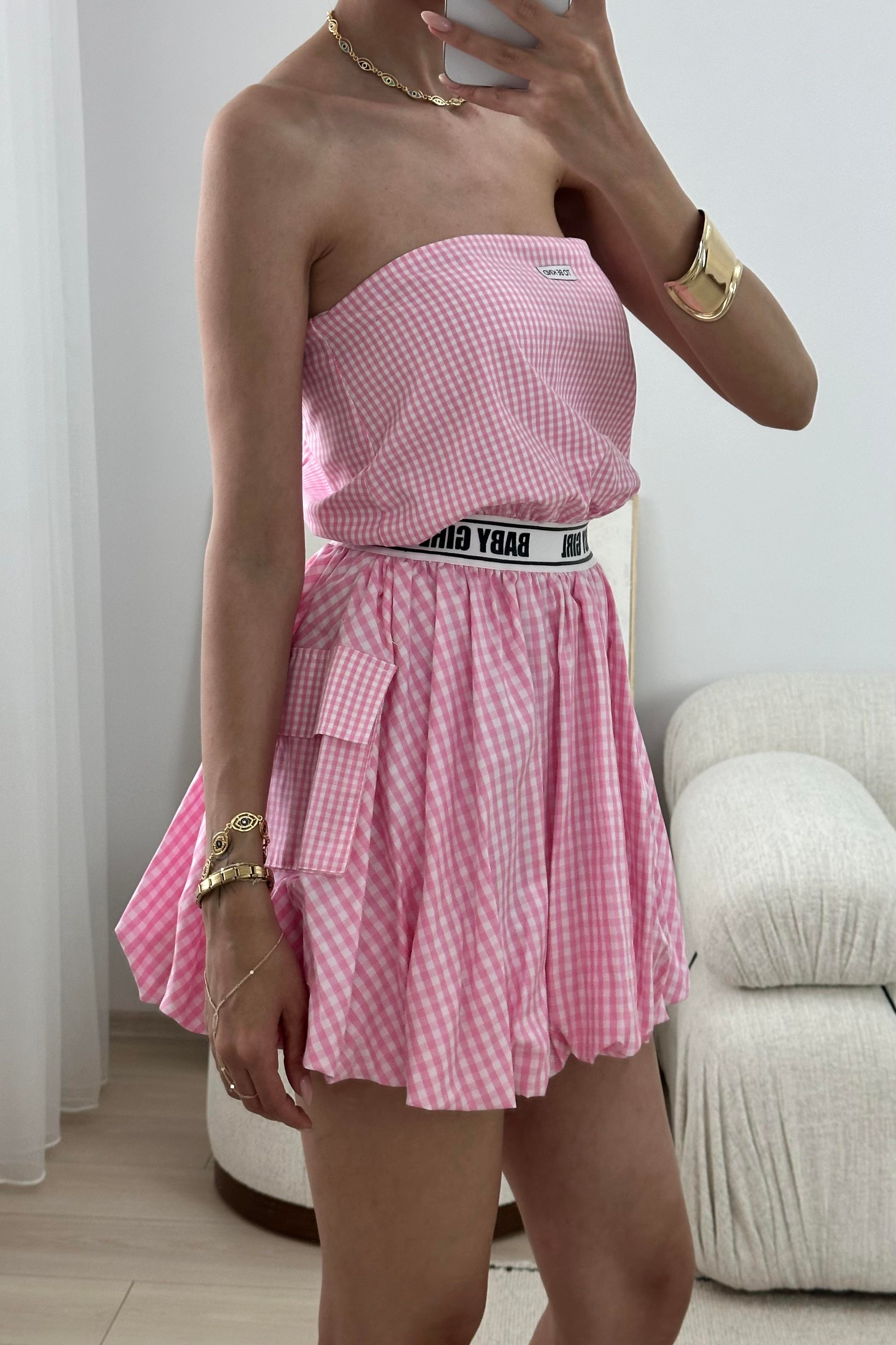 Pembe Volanlı Straplez Mini Elbise - Kadın Dresses Modelleri - Nazliye Moda - Kadın Giyim Modası
