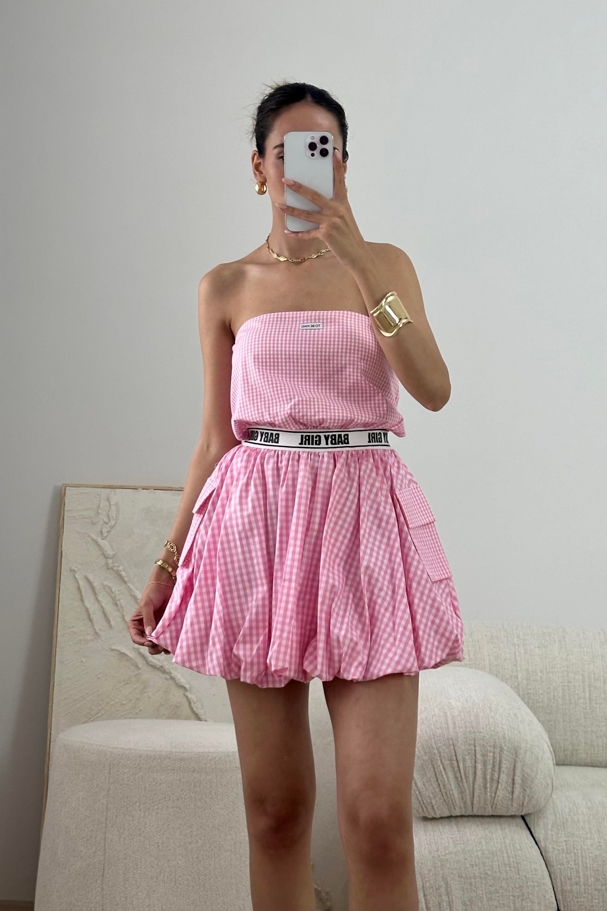 Pembe Volanlı Straplez Mini Elbise - Kadın Dresses Modelleri - Nazliye Moda - Kadın Giyim Modası