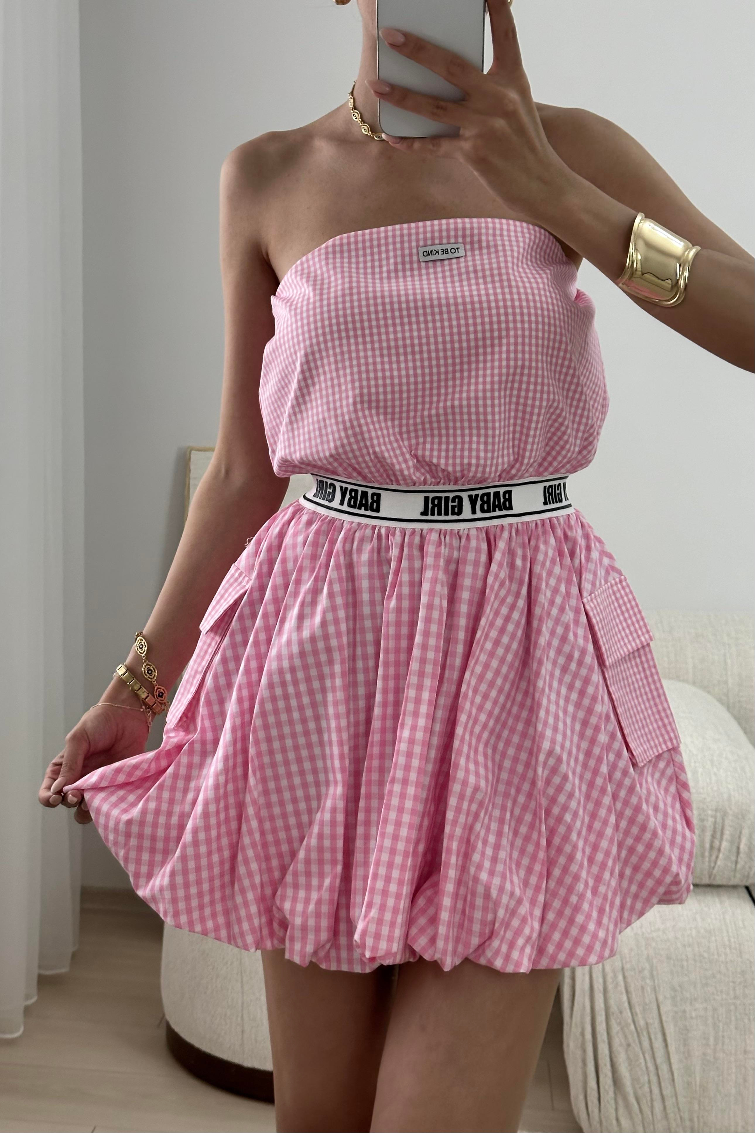 Pembe Volanlı Straplez Mini Elbise - Kadın Dresses Modelleri - Nazliye Moda - Kadın Giyim Modası