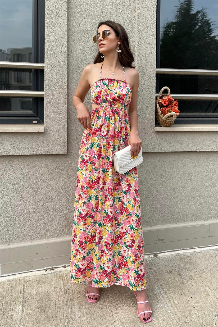 Renkli Çiçek Baskı Sırt Dekolte Uzun Elbise - Kadın Elbise Modelleri - Nazliye Moda | Kadın Giyim Modası