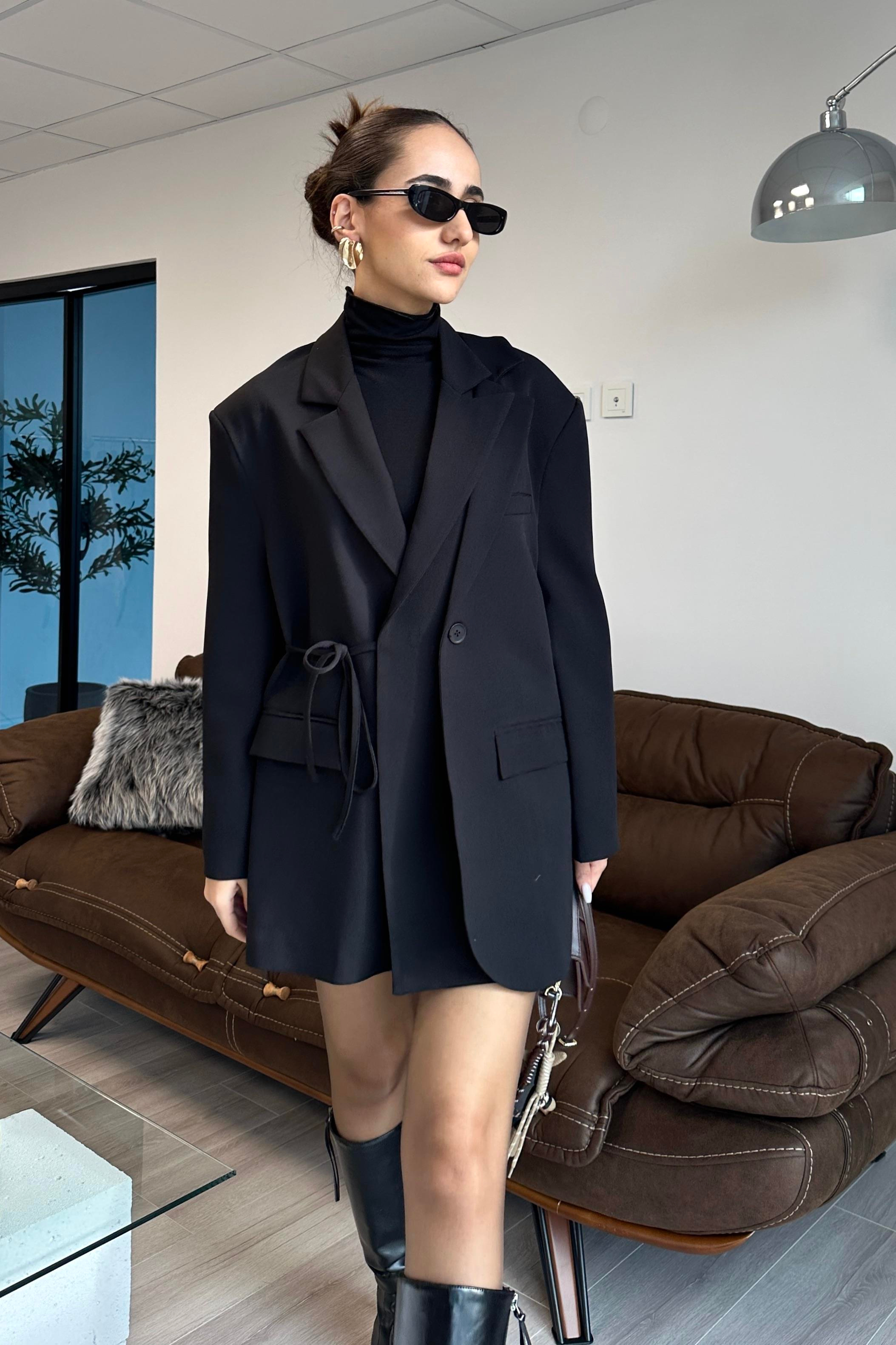 Siyah Bağlama Detay Blazer Ceket - Kadın Blazer Jackets Modelleri - Nazliye Moda | Kadın Giyim Modası