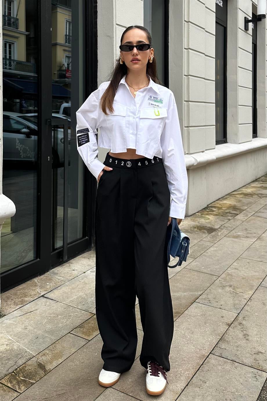 Siyah Bek Baskılı Dökümlü Pantolon - Kadın Trousers Modelleri - Nazliye Moda - Kadın Giyim Modası