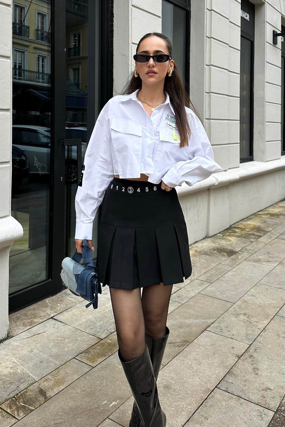 Siyah Bel Baskılı Şort Etek - Kadın Skirts Modelleri - Nazliye Moda - Kadın Giyim Modası