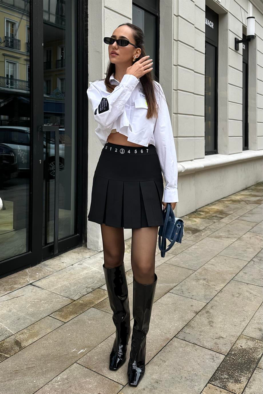 Siyah Bel Baskılı Şort Etek - Kadın Skirts Modelleri - Nazliye Moda - Kadın Giyim Modası