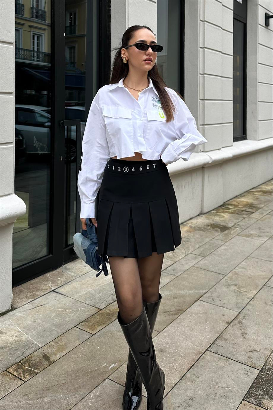 Siyah Bel Baskılı Şort Etek - Kadın Skirts Modelleri - Nazliye Moda - Kadın Giyim Modası