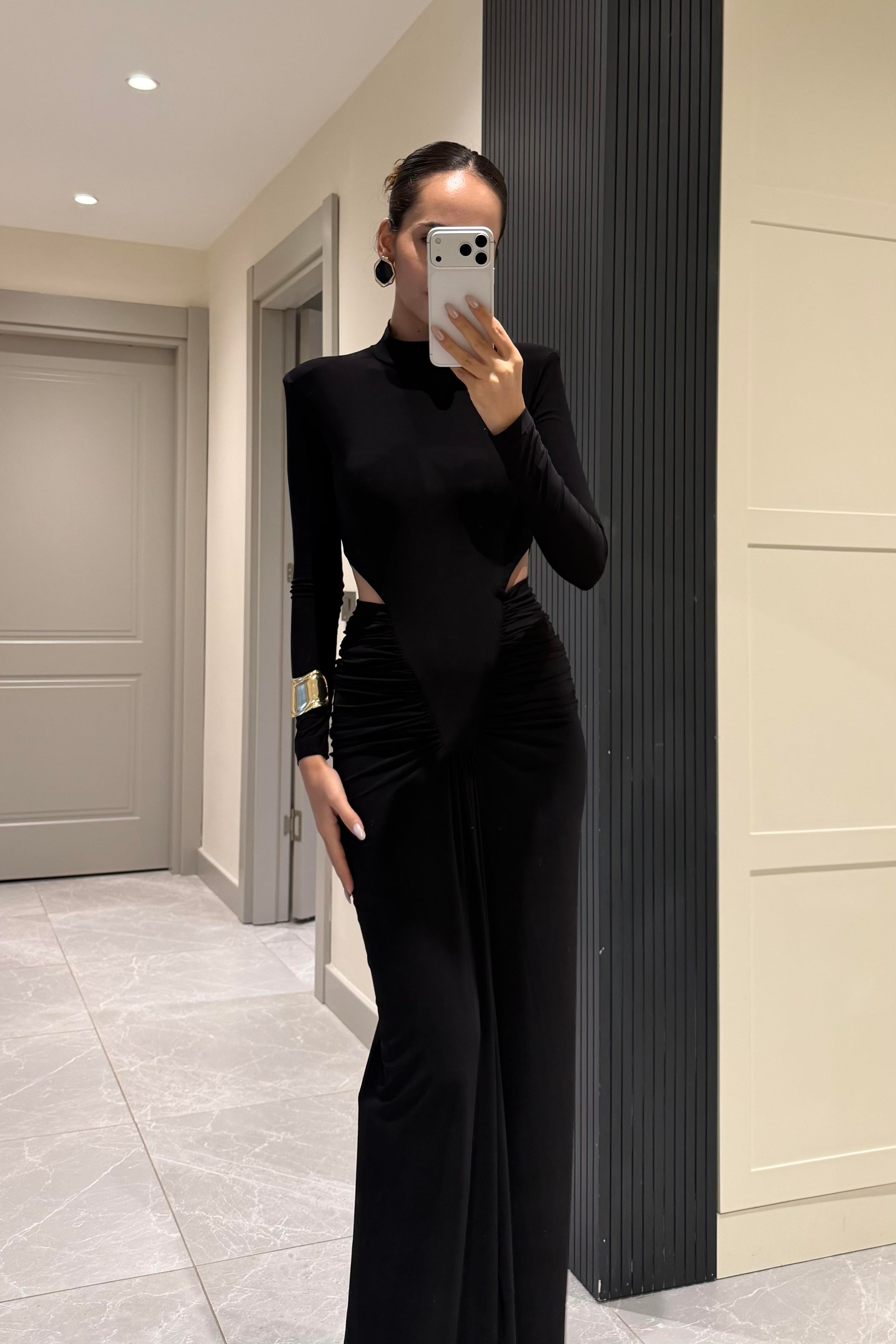 Siyah Bel Dekolteli Drape Uzun Elbise - Kadın Dresses Modelleri - Nazliye Moda | Kadın Giyim Modası