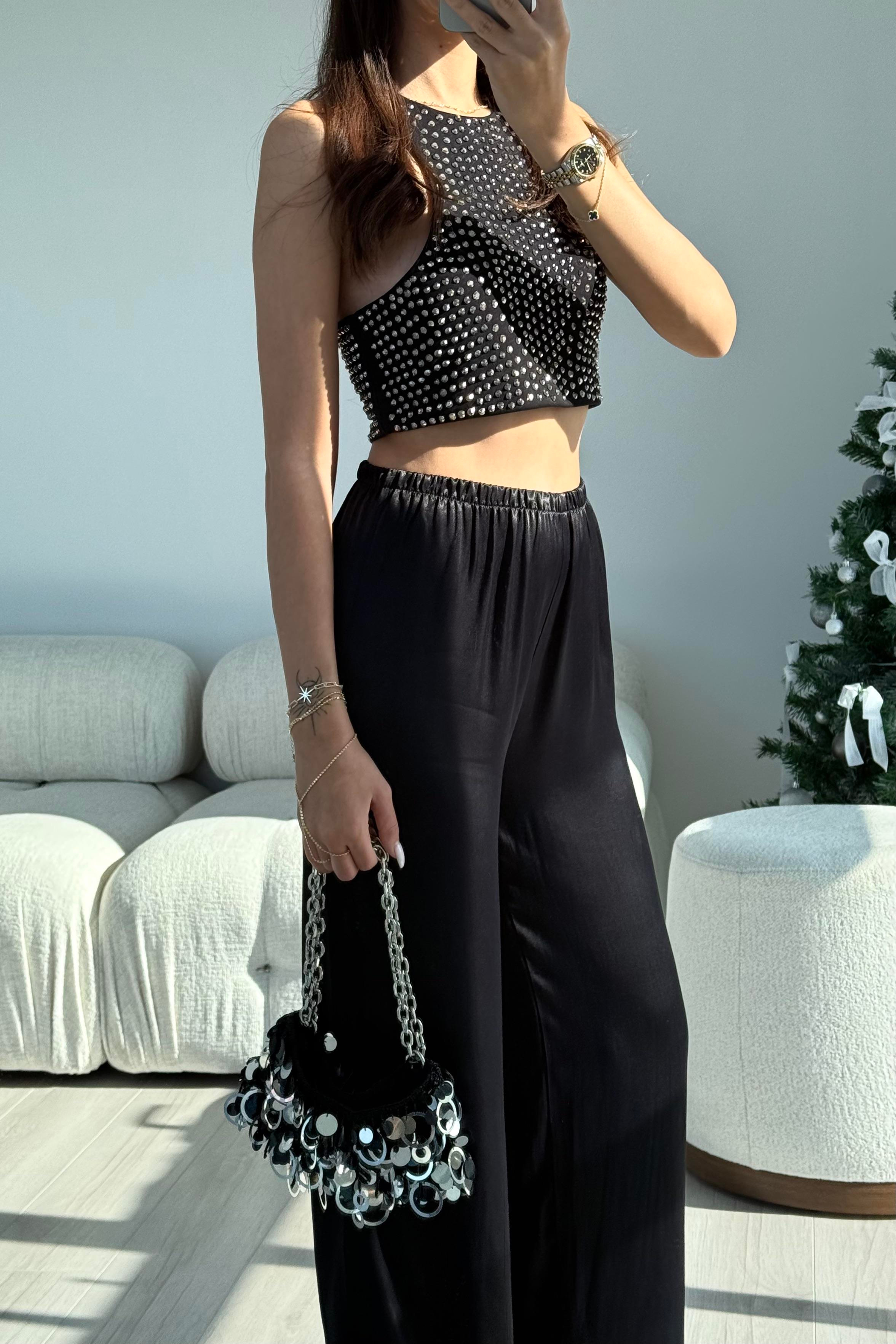 Siyah Beli Lastikli Saten Pantolon - Kadın Trousers Modelleri - Nazliye Moda | Kadın Giyim Modası