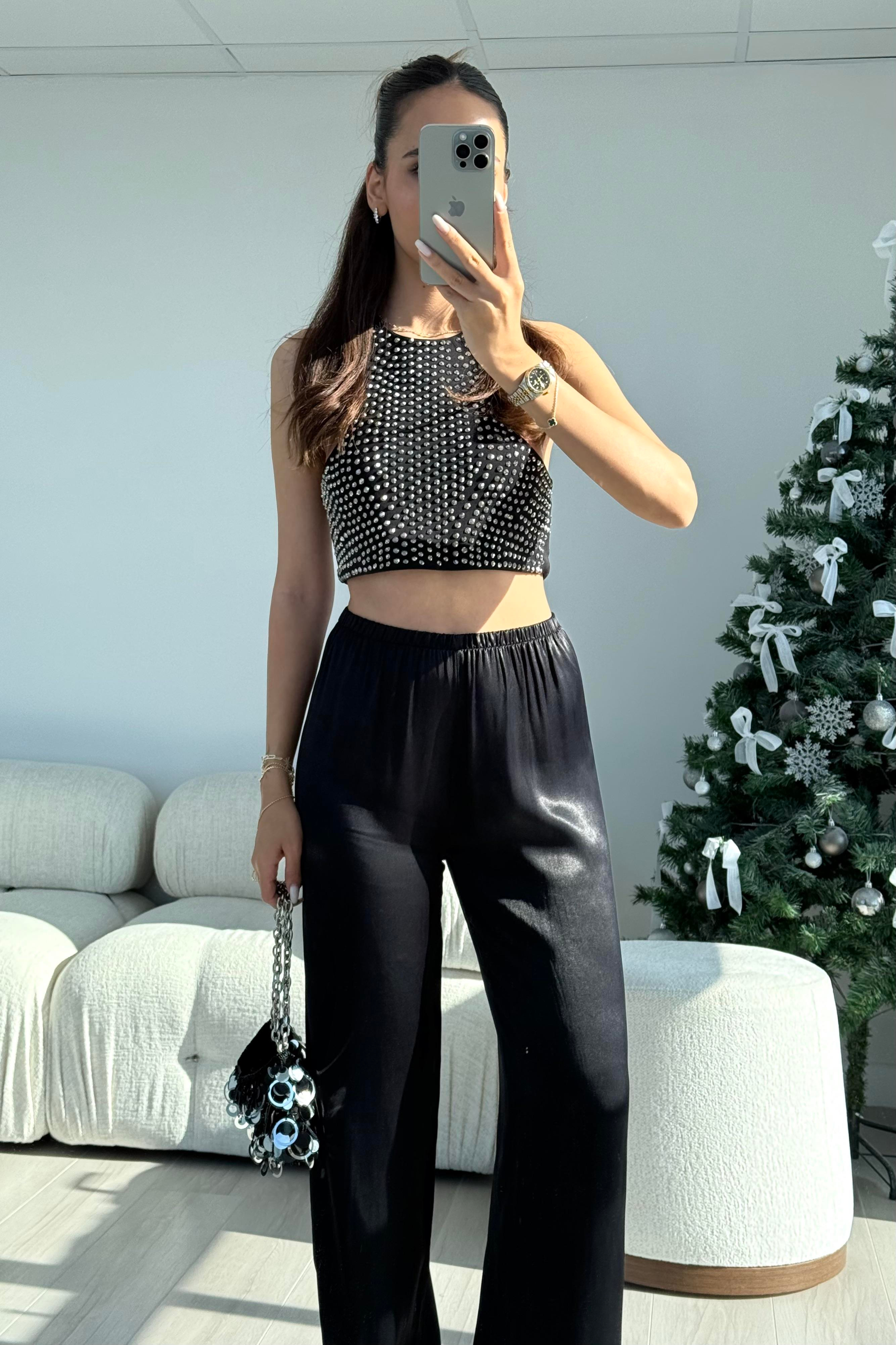 Siyah Beli Lastikli Saten Pantolon - Kadın Trousers Modelleri - Nazliye Moda | Kadın Giyim Modası