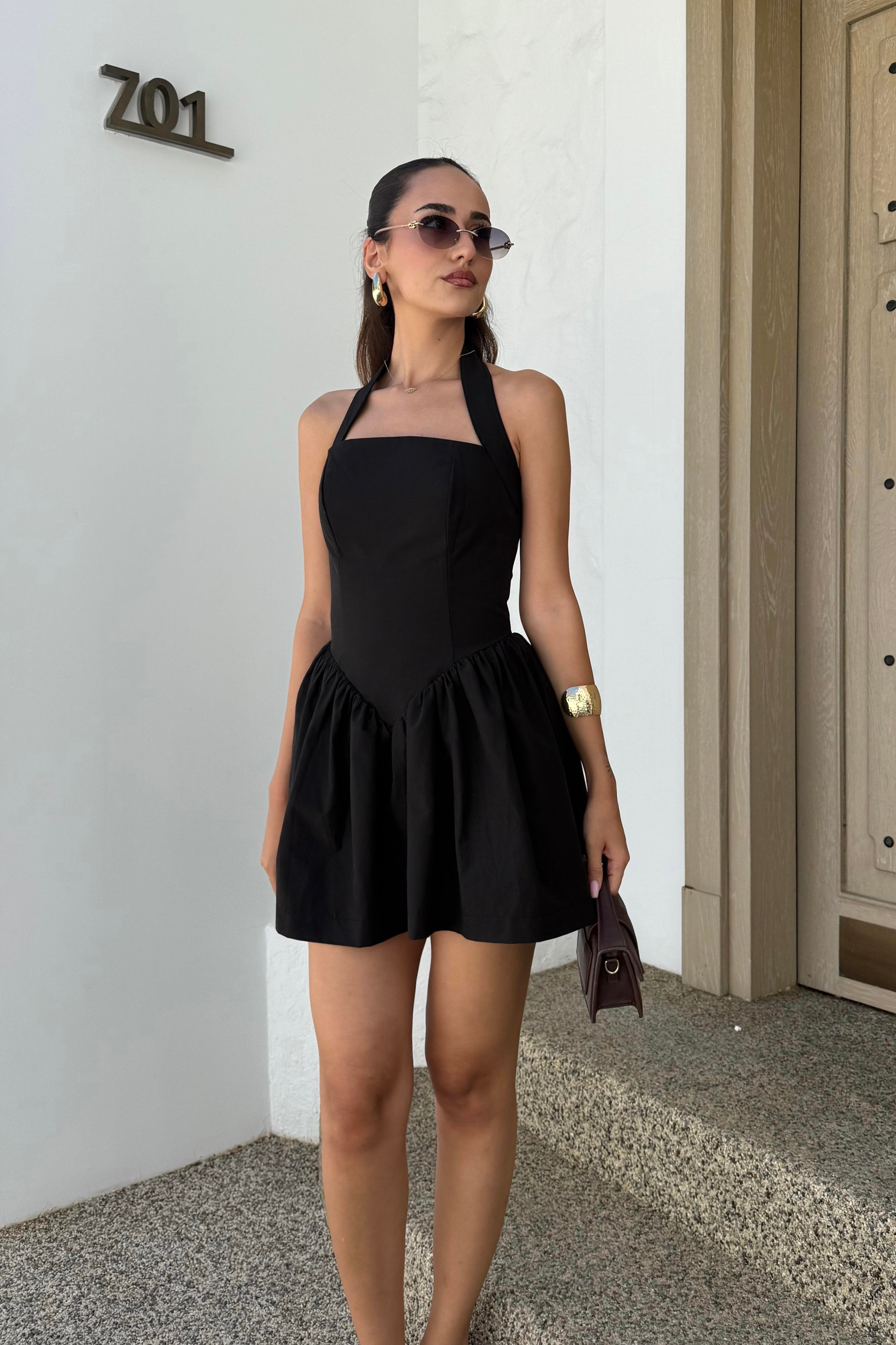 Siyah Boyundan Bağlamalı Mini Elbise - Kadın Elbise Modelleri - Nazliye Moda | Kadın Giyim Modası