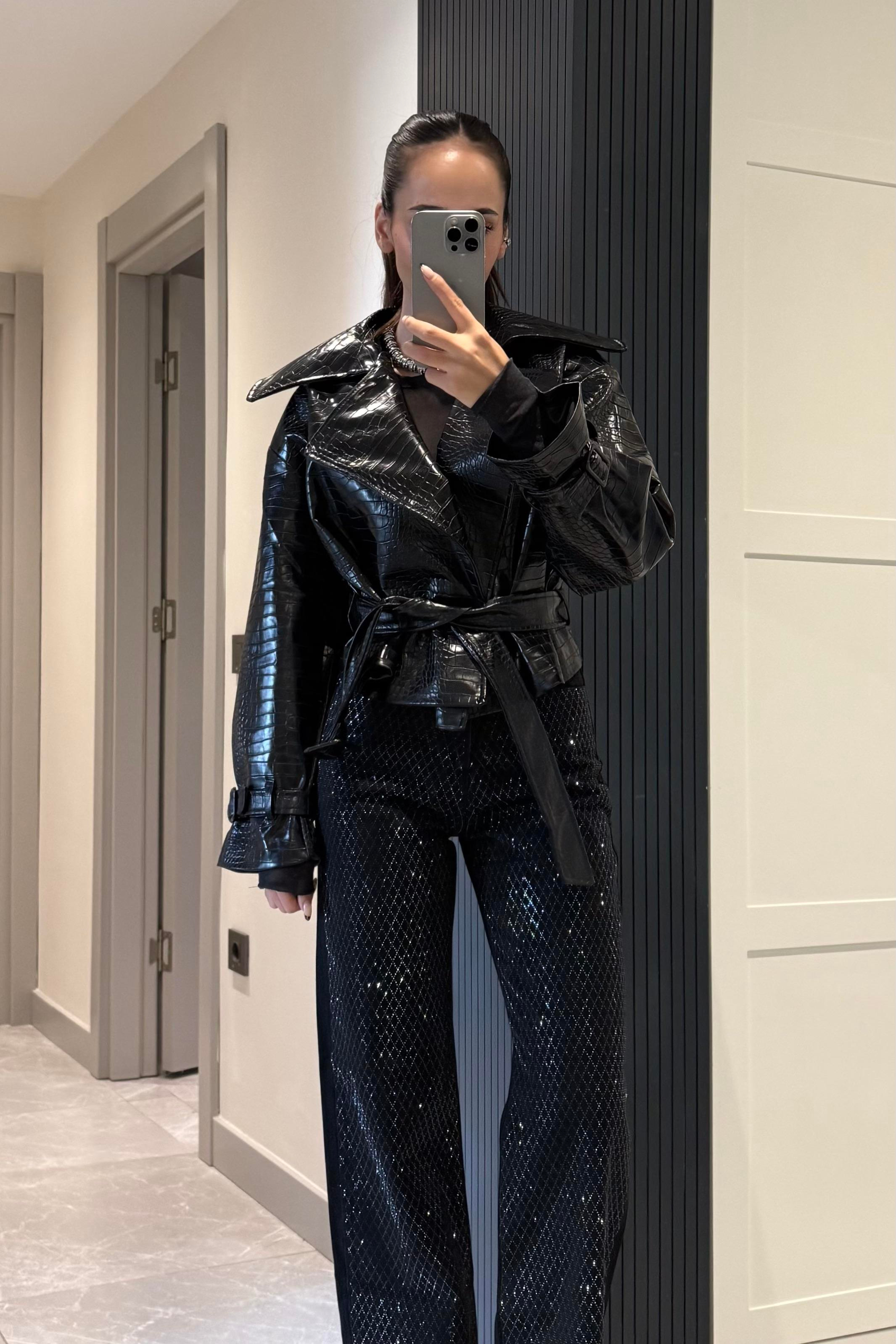 Siyah Crocodile Premium Deri Trençkot - Kadın Trench Coats Modelleri - Nazliye Moda | Kadın Giyim Modası