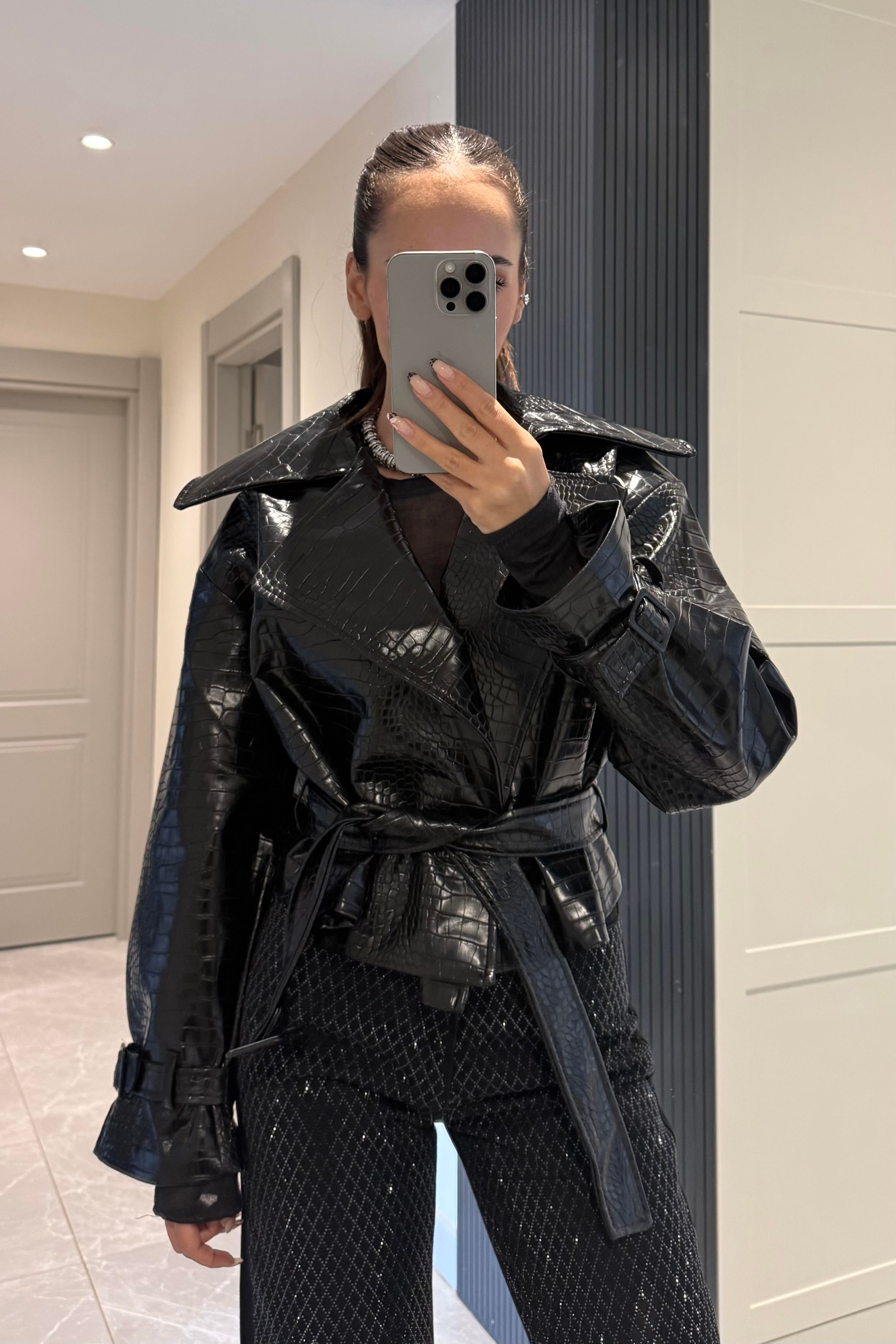 Siyah Crocodile Premium Deri Trençkot - Kadın Trench Coats Modelleri - Nazliye Moda | Kadın Giyim Modası