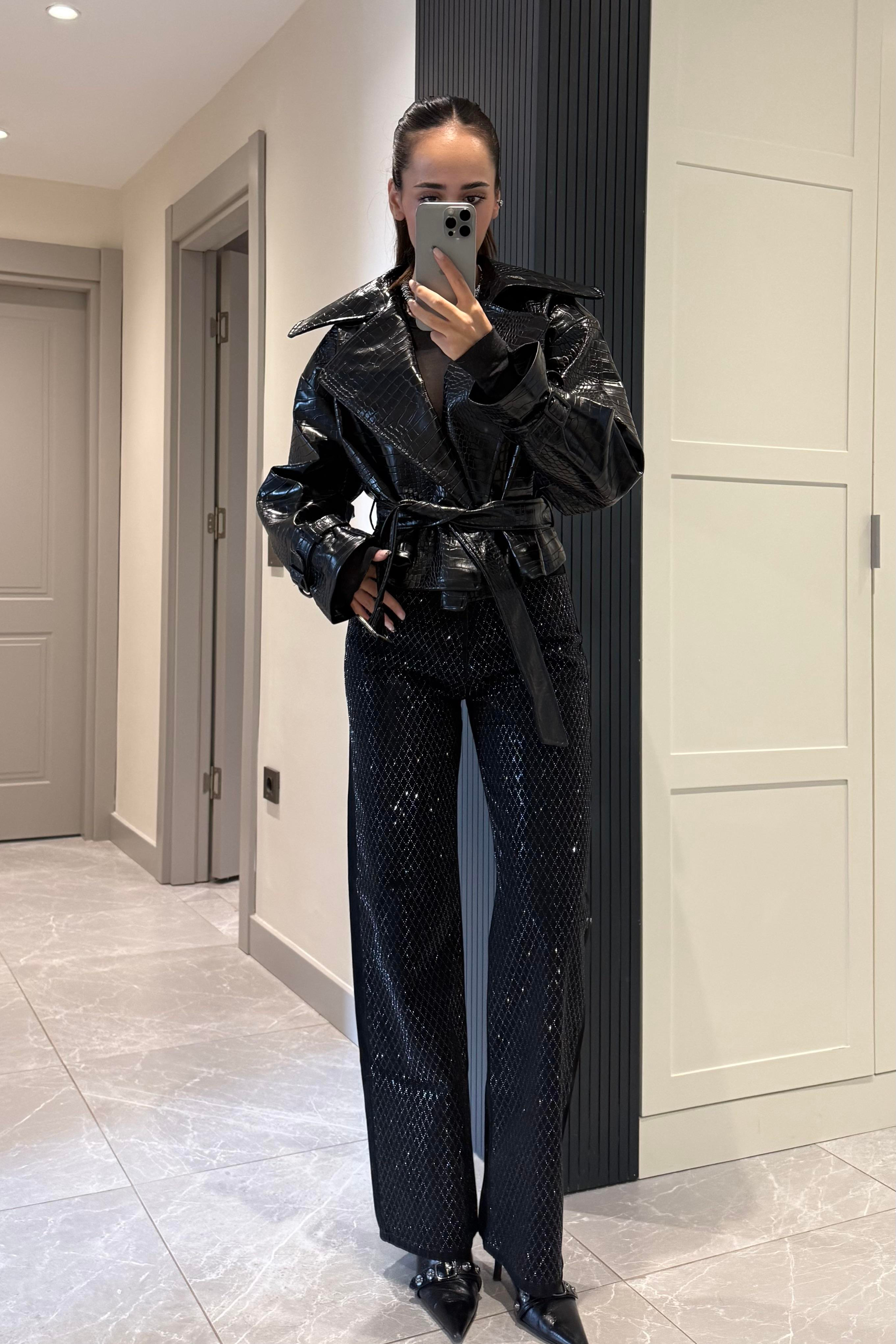 Siyah Crocodile Premium Deri Trençkot - Kadın Trench Coats Modelleri - Nazliye Moda | Kadın Giyim Modası