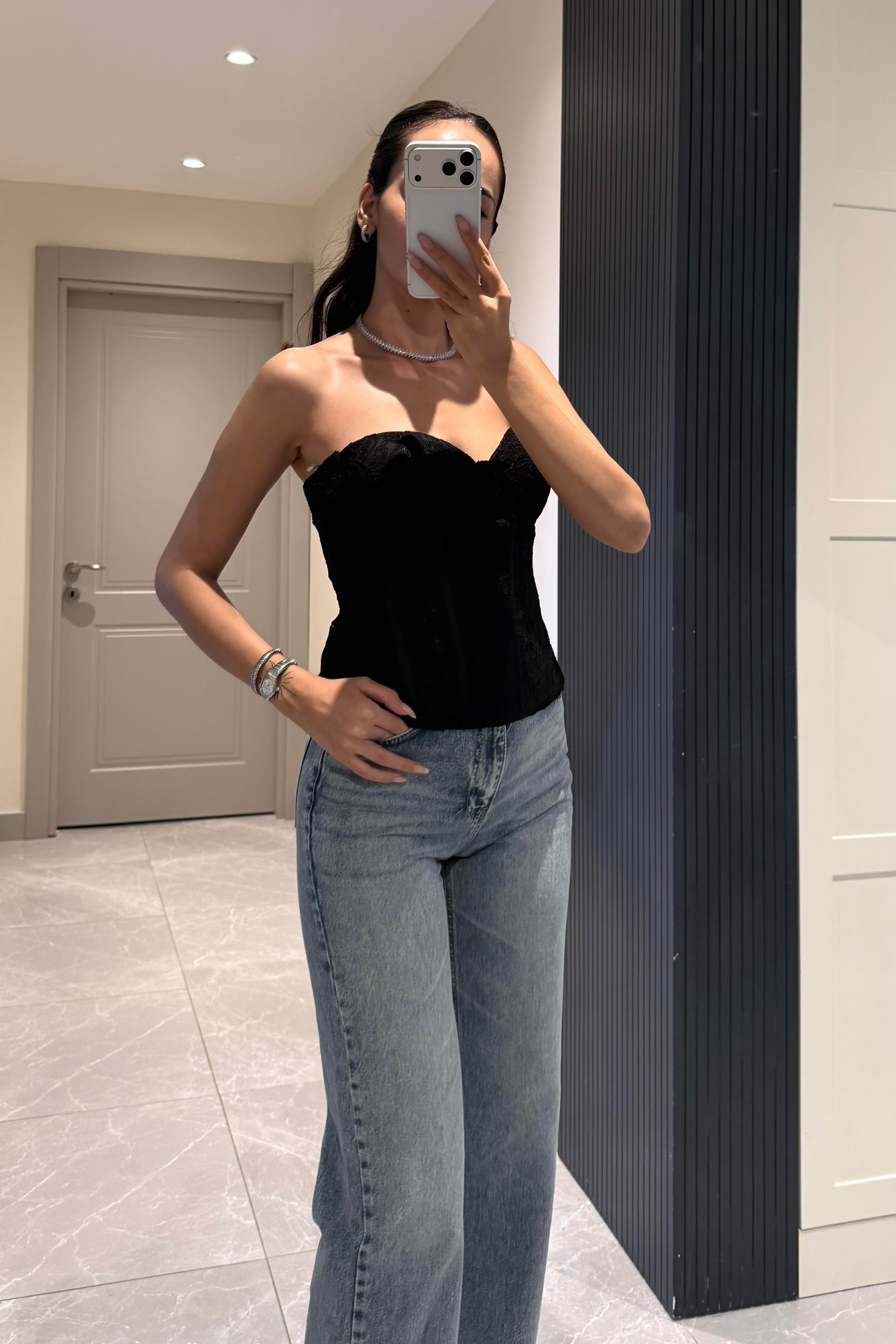Siyah Dantel Detay Korse Bluz - Kadın Blouses Modelleri - Nazliye Moda | Kadın Giyim Modası
