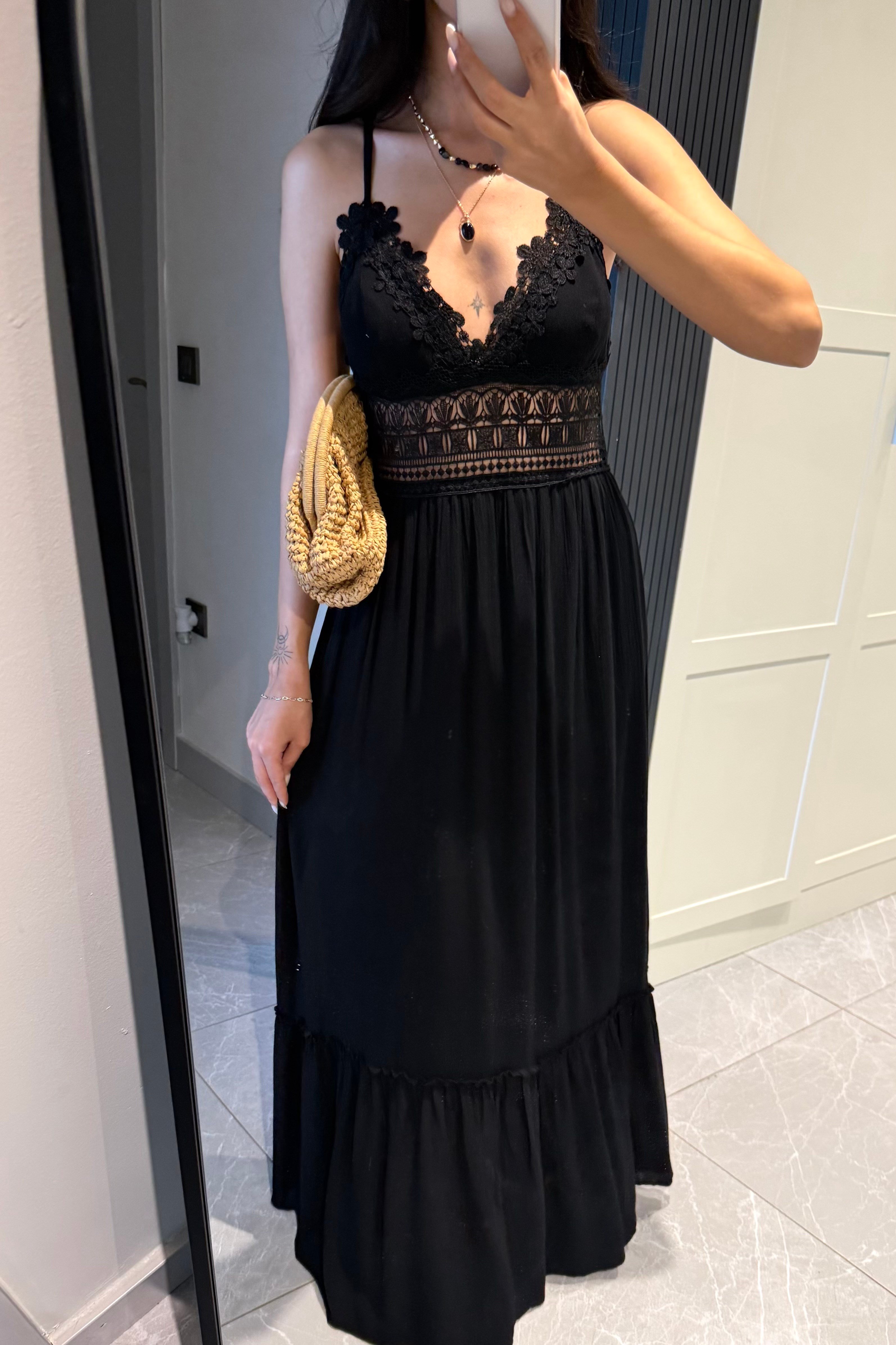 Siyah Dantel Detay Uzun Elbise - Kadın Elbise Modelleri - Nazliye Moda | Kadın Giyim Modası