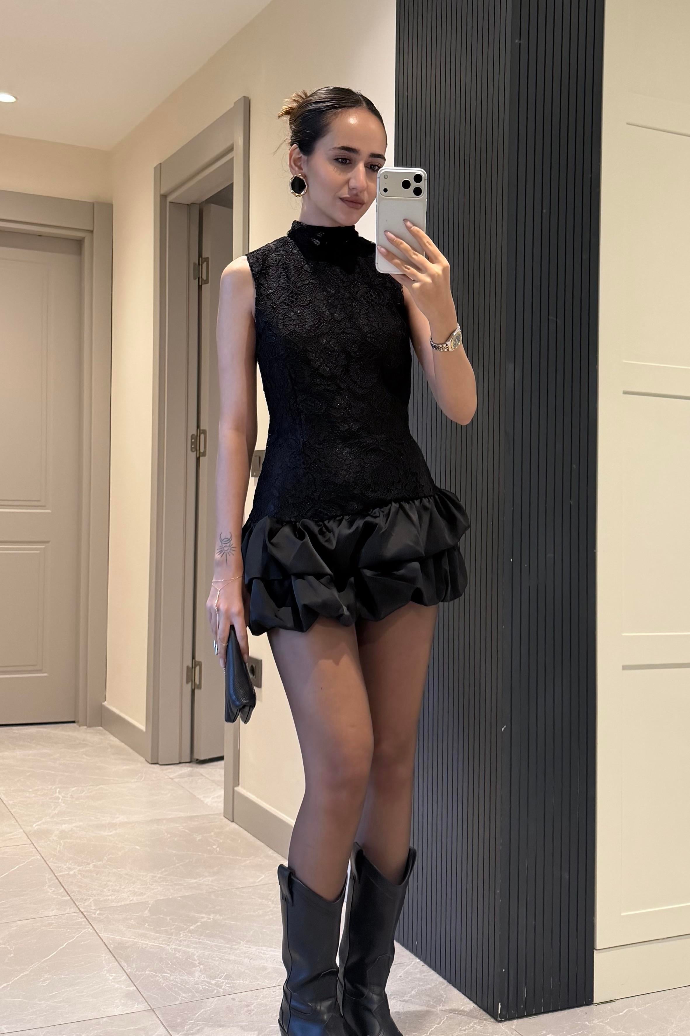 Siyah Dantelli Balon Mini Elbise - Kadın Dresses Modelleri - Nazliye Moda | Kadın Giyim Modası