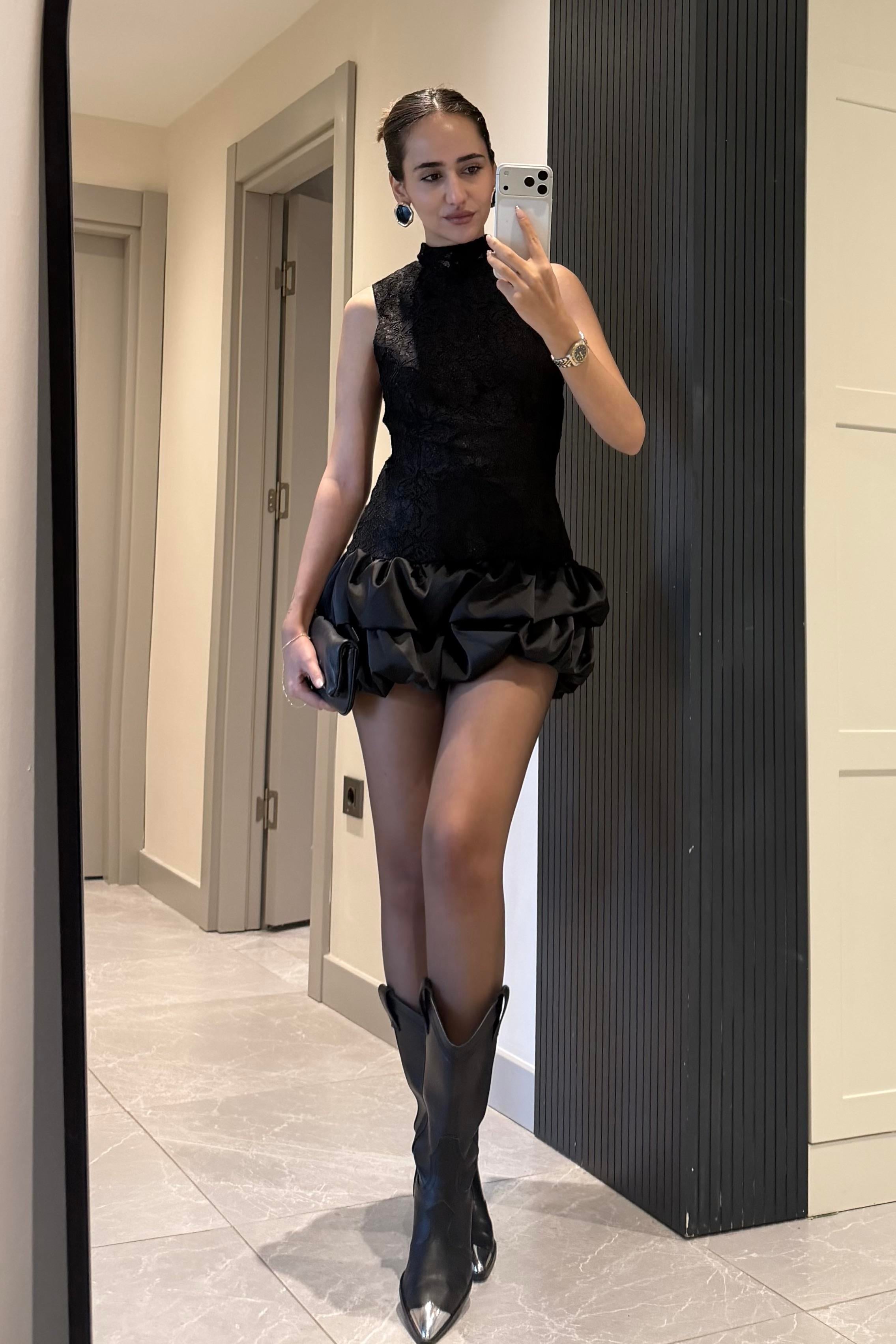 Siyah Dantelli Balon Mini Elbise - Kadın Dresses Modelleri - Nazliye Moda | Kadın Giyim Modası