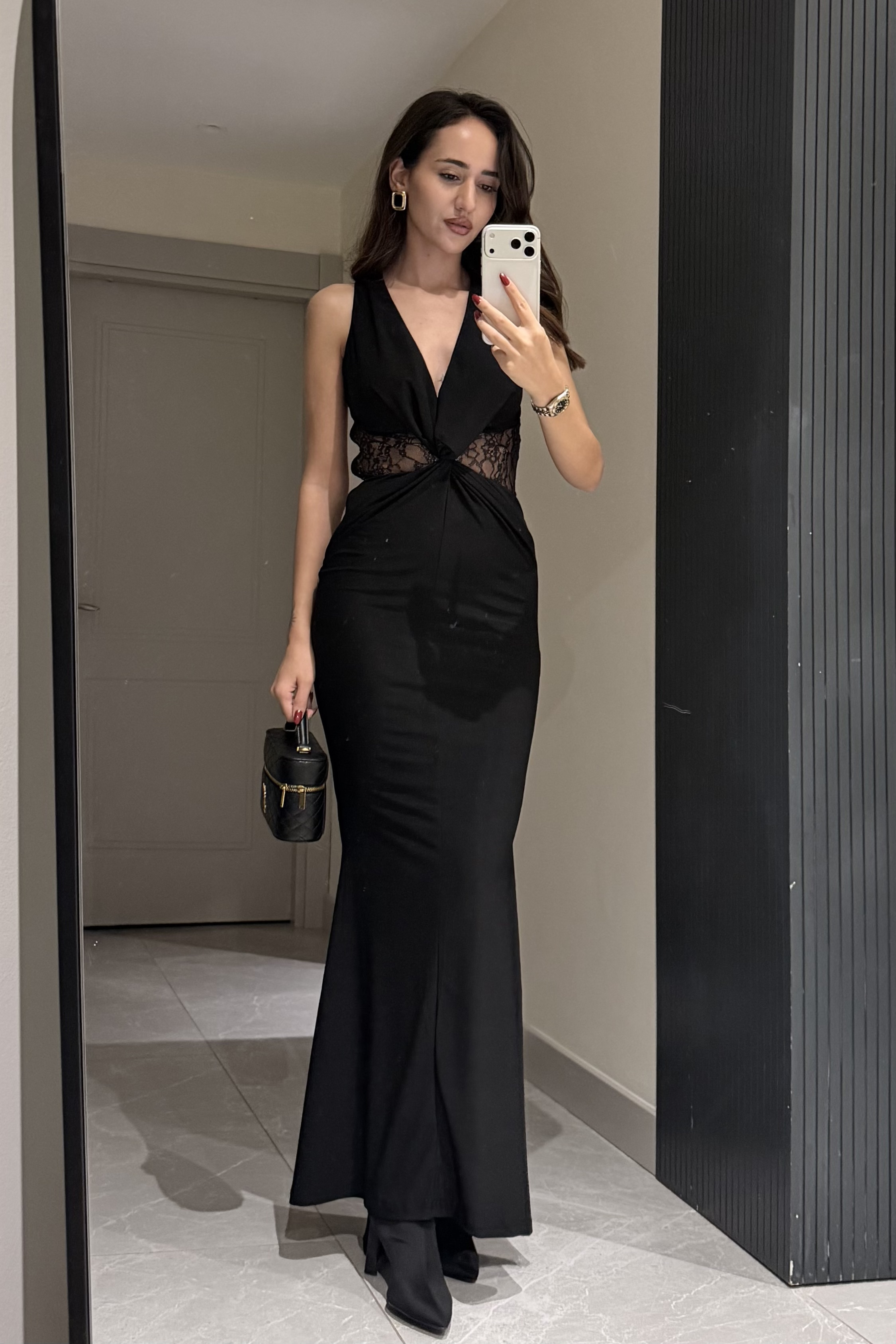 Siyah Dantelli Bel Uzun Elbise - Kadın Dresses Modelleri - Nazliye Moda | Kadın Giyim Modası
