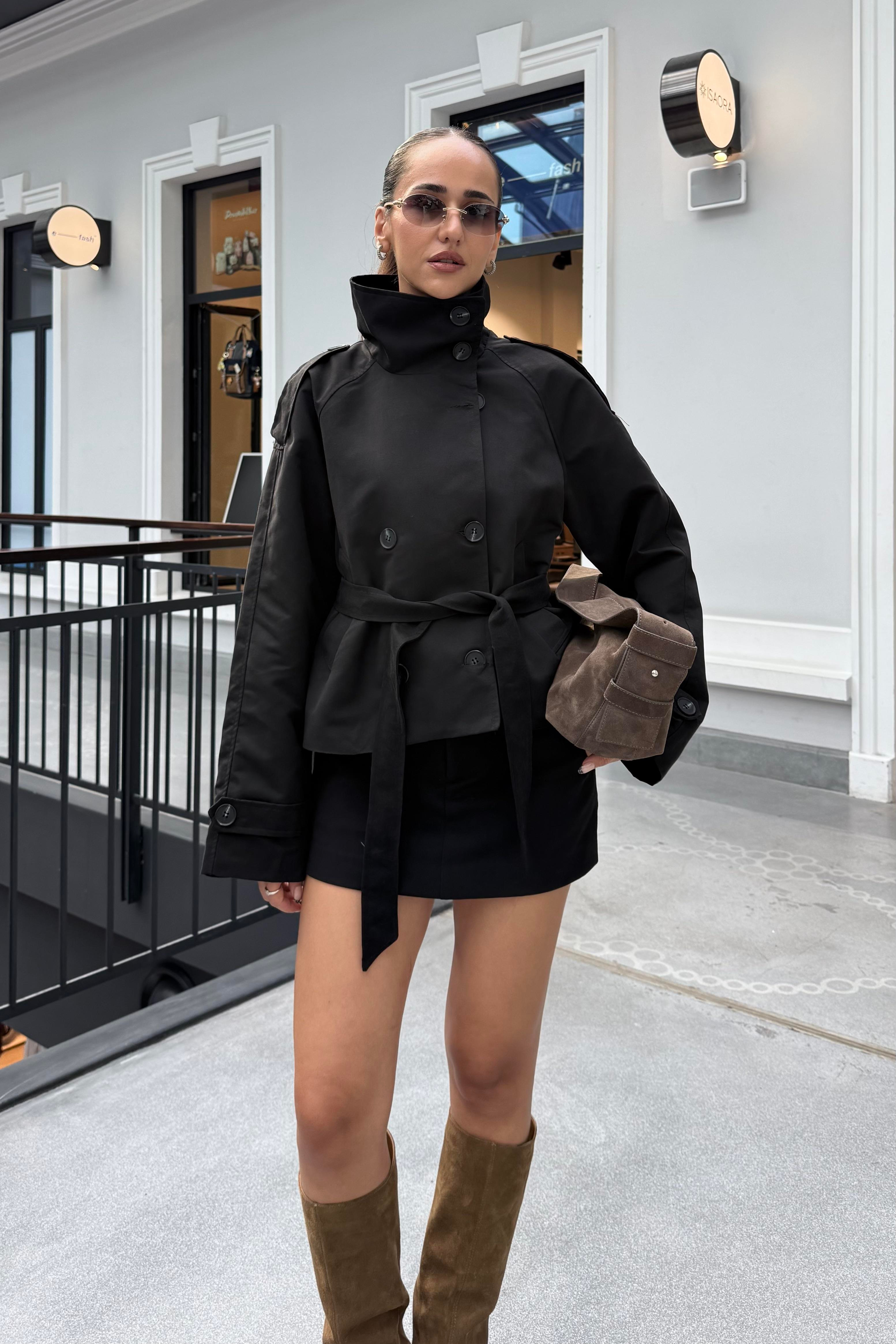 Siyah Dik Yaka Midi Trençkot - Kadın Trench Coats Modelleri - Nazliye Moda | Kadın Giyim Modası