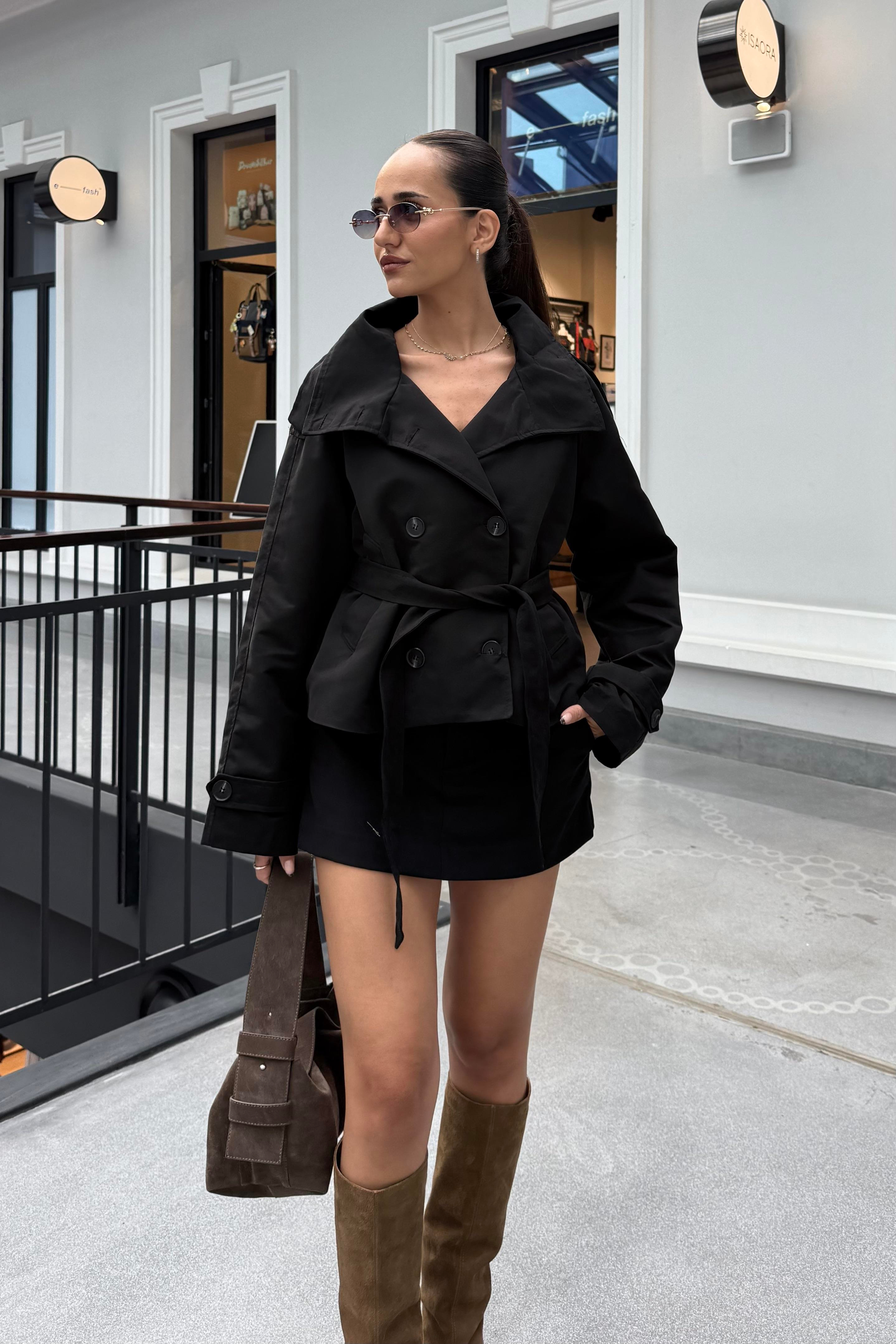 Siyah Dik Yaka Midi Trençkot - Kadın Trench Coats Modelleri - Nazliye Moda | Kadın Giyim Modası