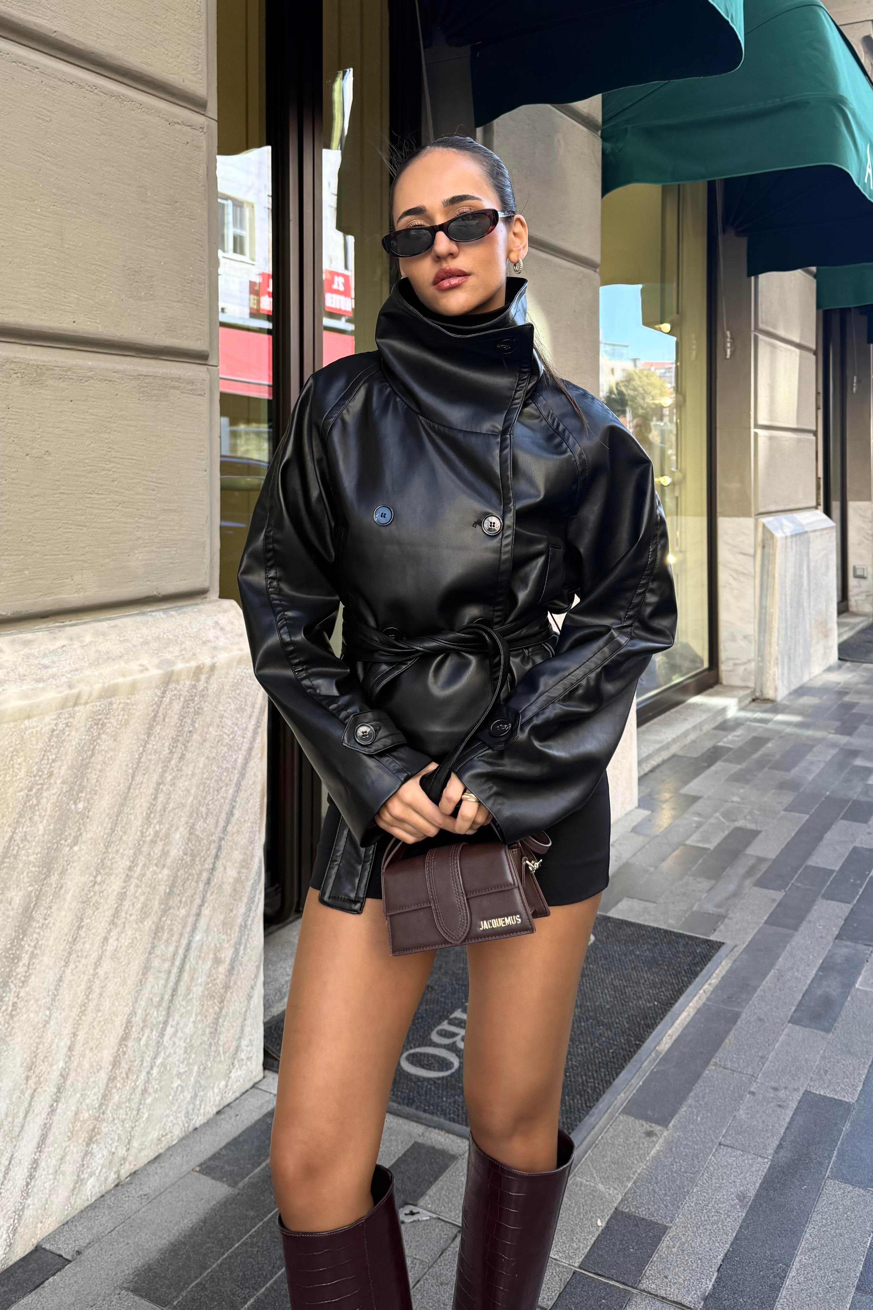 Siyah Dik Yaka Premium Deri Trençkot - Kadın Trench Coats Modelleri - Nazliye Moda | Kadın Giyim Modası