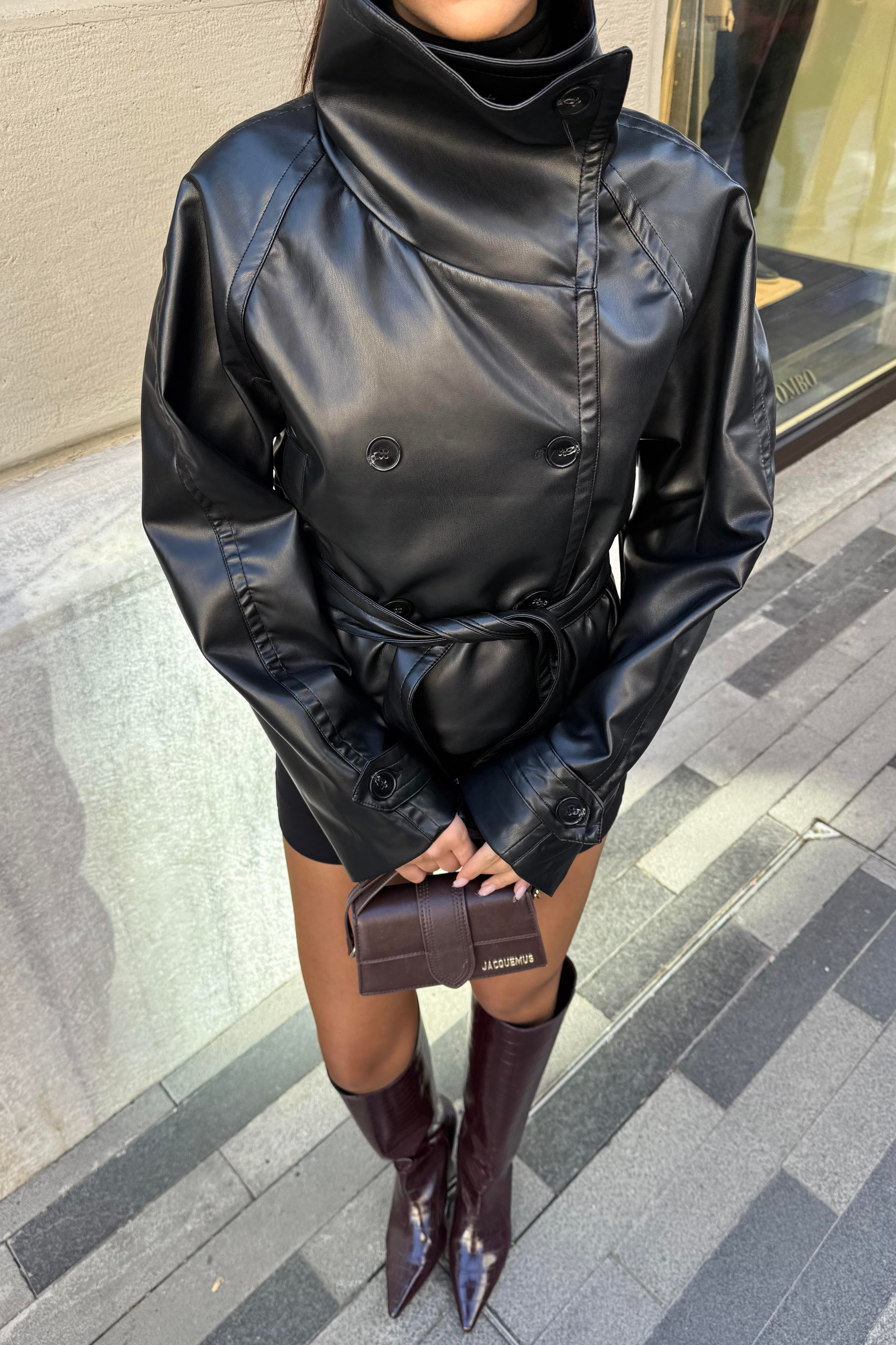 Siyah Dik Yaka Premium Deri Trençkot - Kadın Trench Coats Modelleri - Nazliye Moda | Kadın Giyim Modası