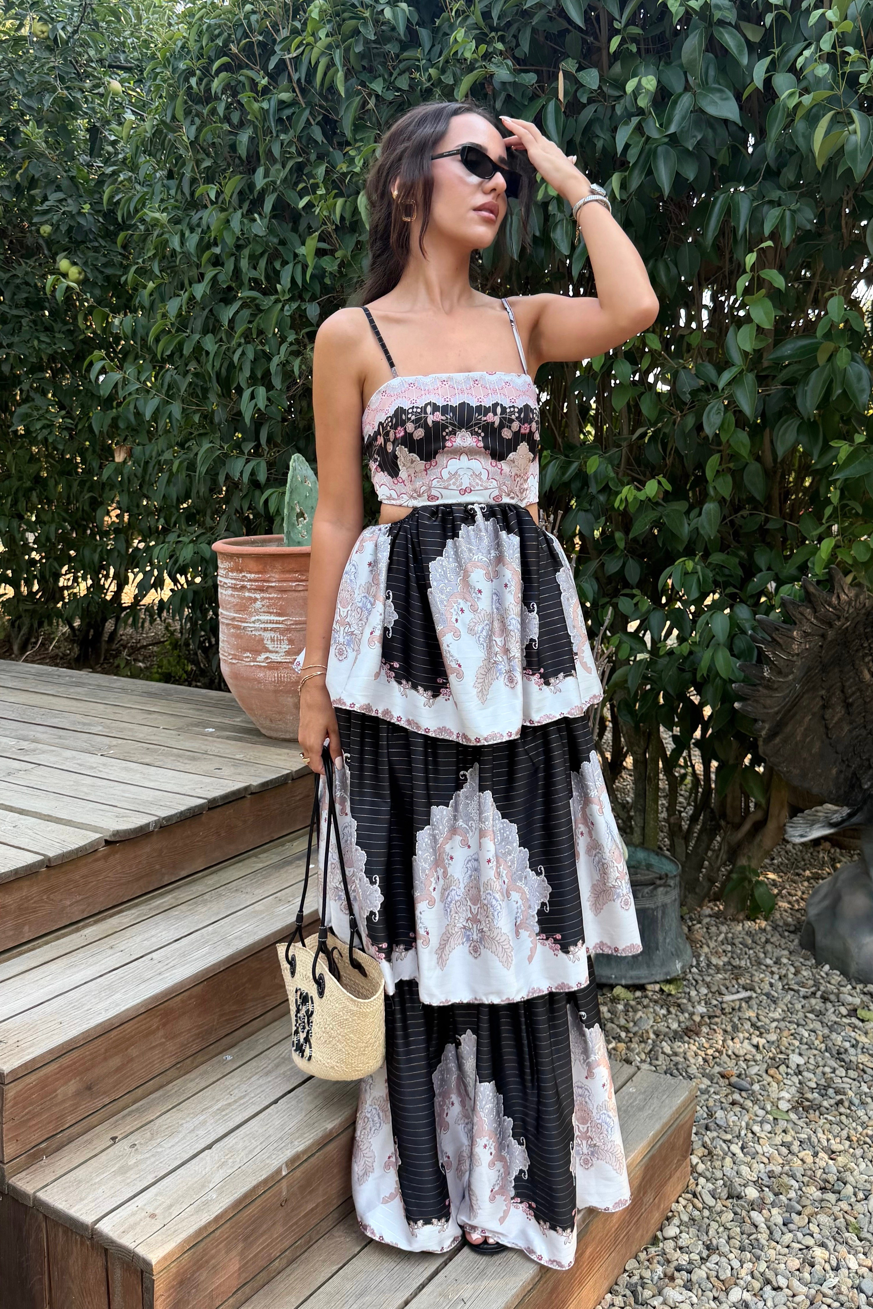 Siyah Etnik Desen Pencere Detay Elbise - Kadın Elbise Modelleri - Nazliye Moda | Kadın Giyim Modası