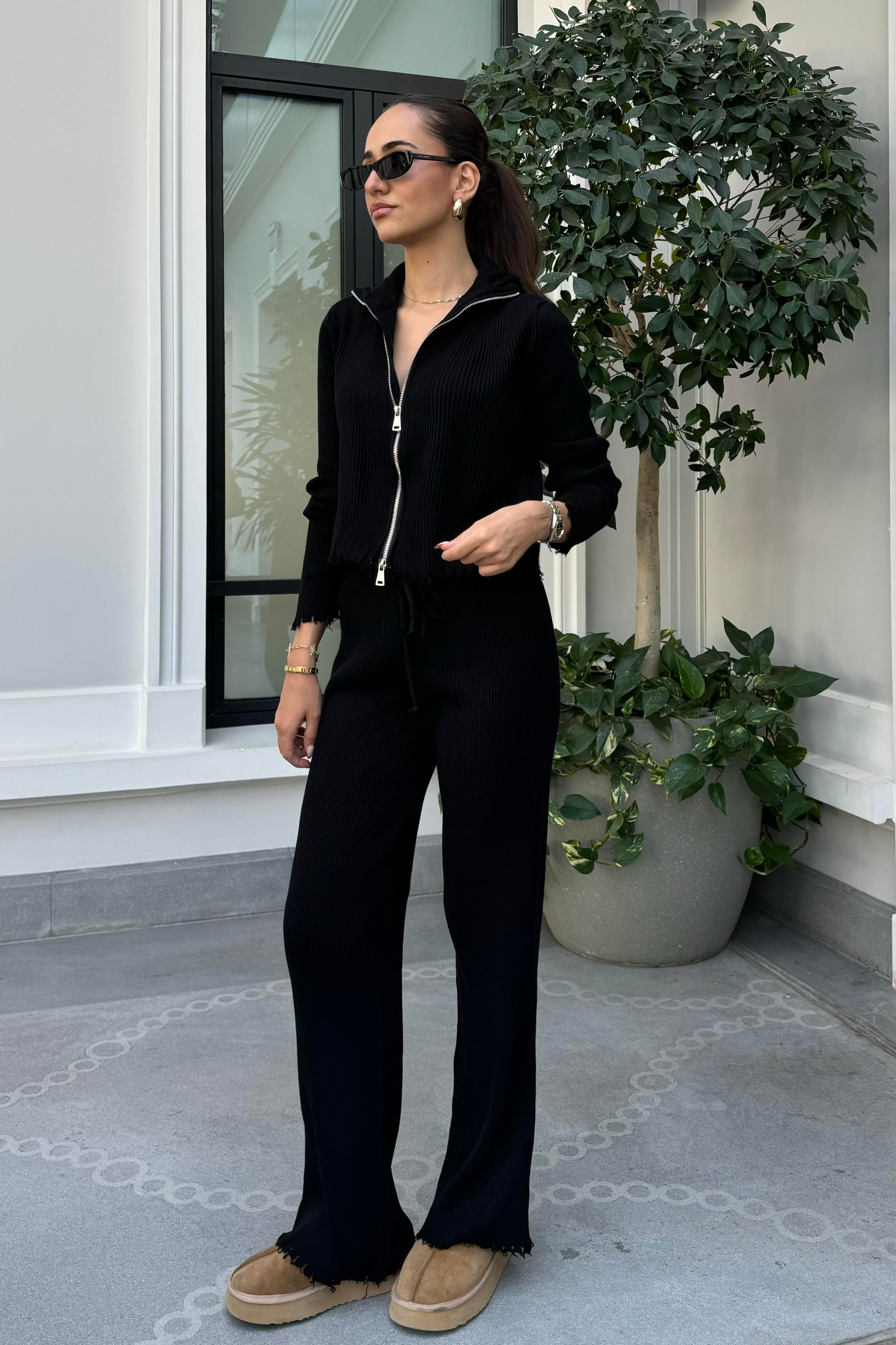 Siyah Fermuarlı Triko Takım - Kadın Outfit Sets Modelleri - Nazliye Moda | Kadın Giyim Modası