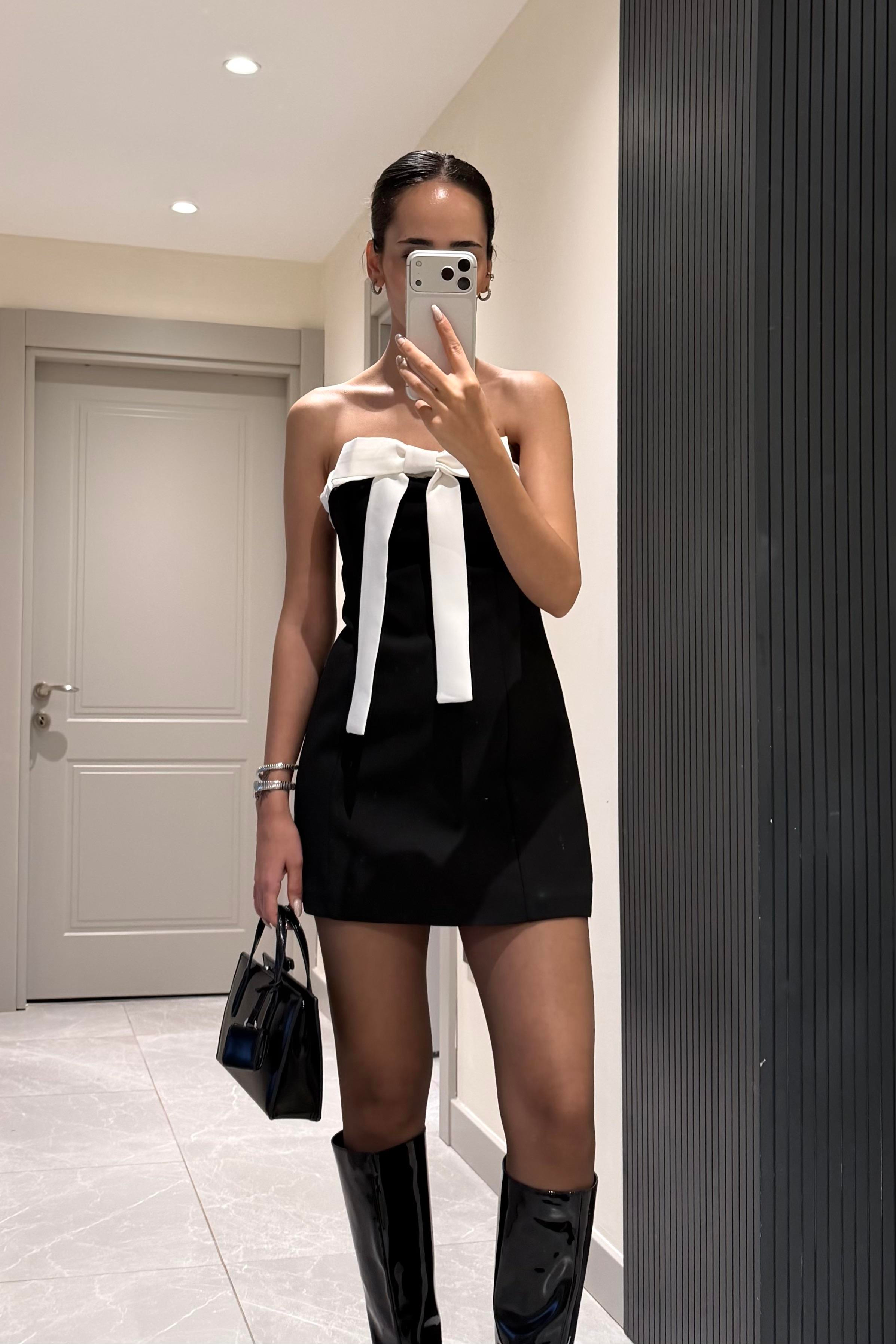 Siyah Fiyonklu Straplez Mini Elbise - Kadın Elbise Modelleri - Nazliye Moda | Kadın Giyim Modası