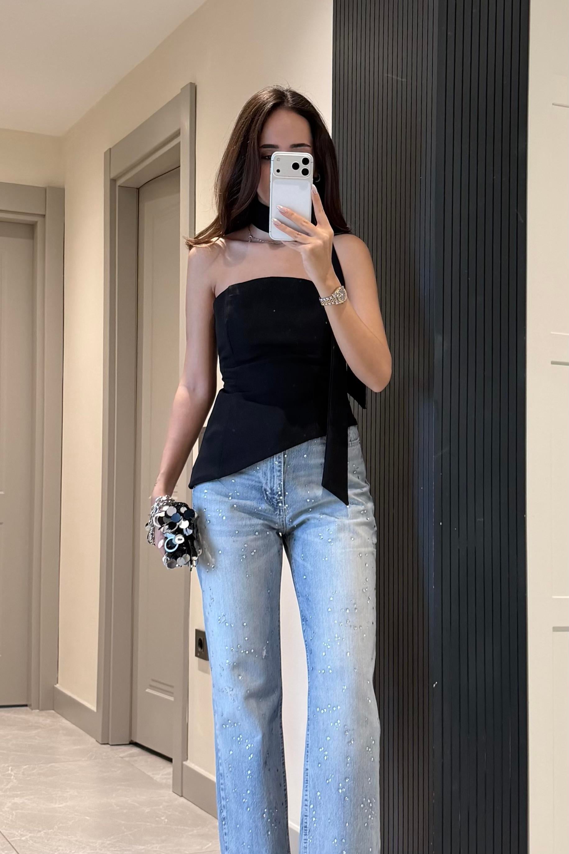 Siyah Fularlı Korse Bluz - Kadın Blouses Modelleri - Nazliye Moda | Kadın Giyim Modası