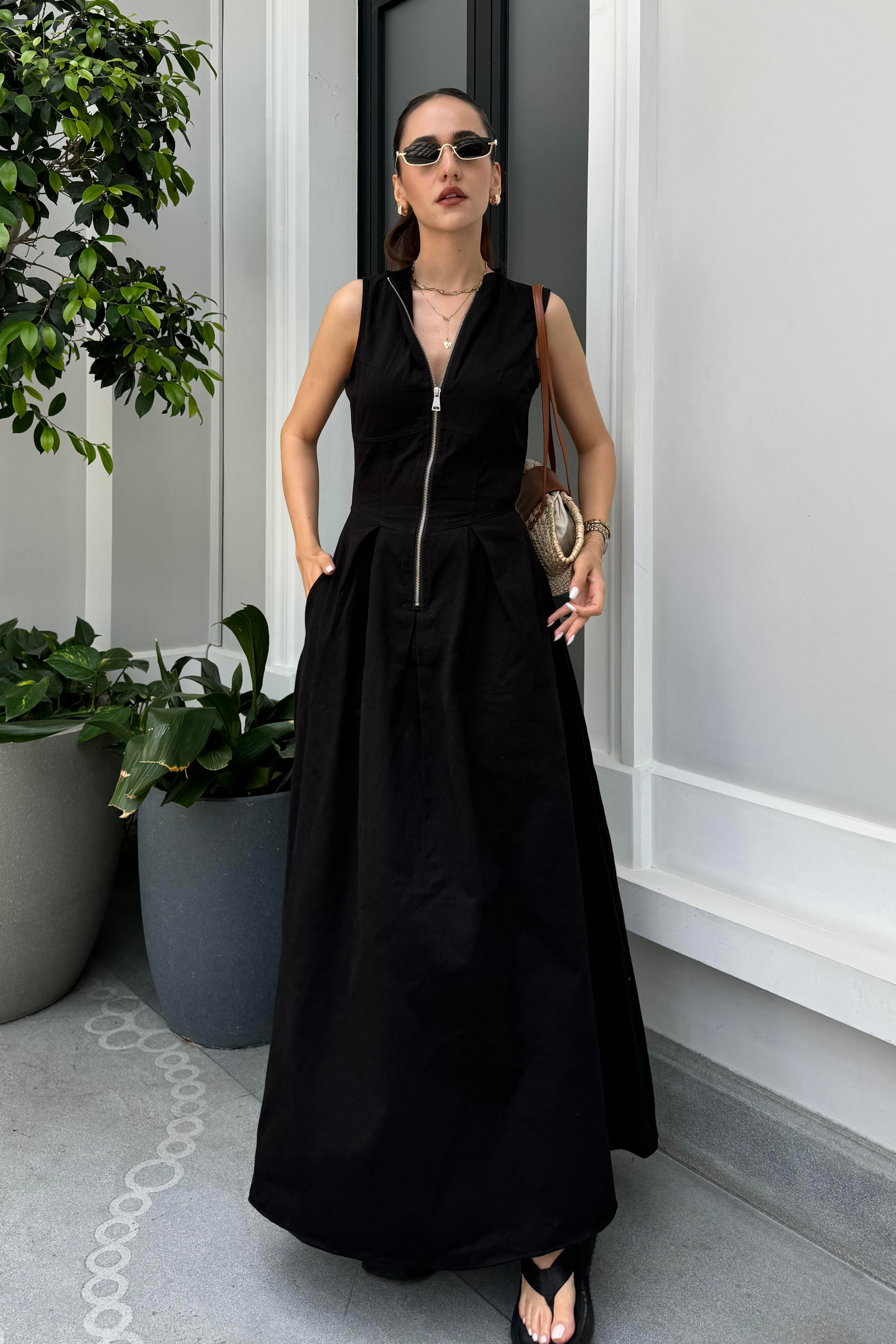 Siyah Gabardin Uzun Elbise - Kadın Elbise Modelleri - Nazliye Moda - Kadın Giyim Modası