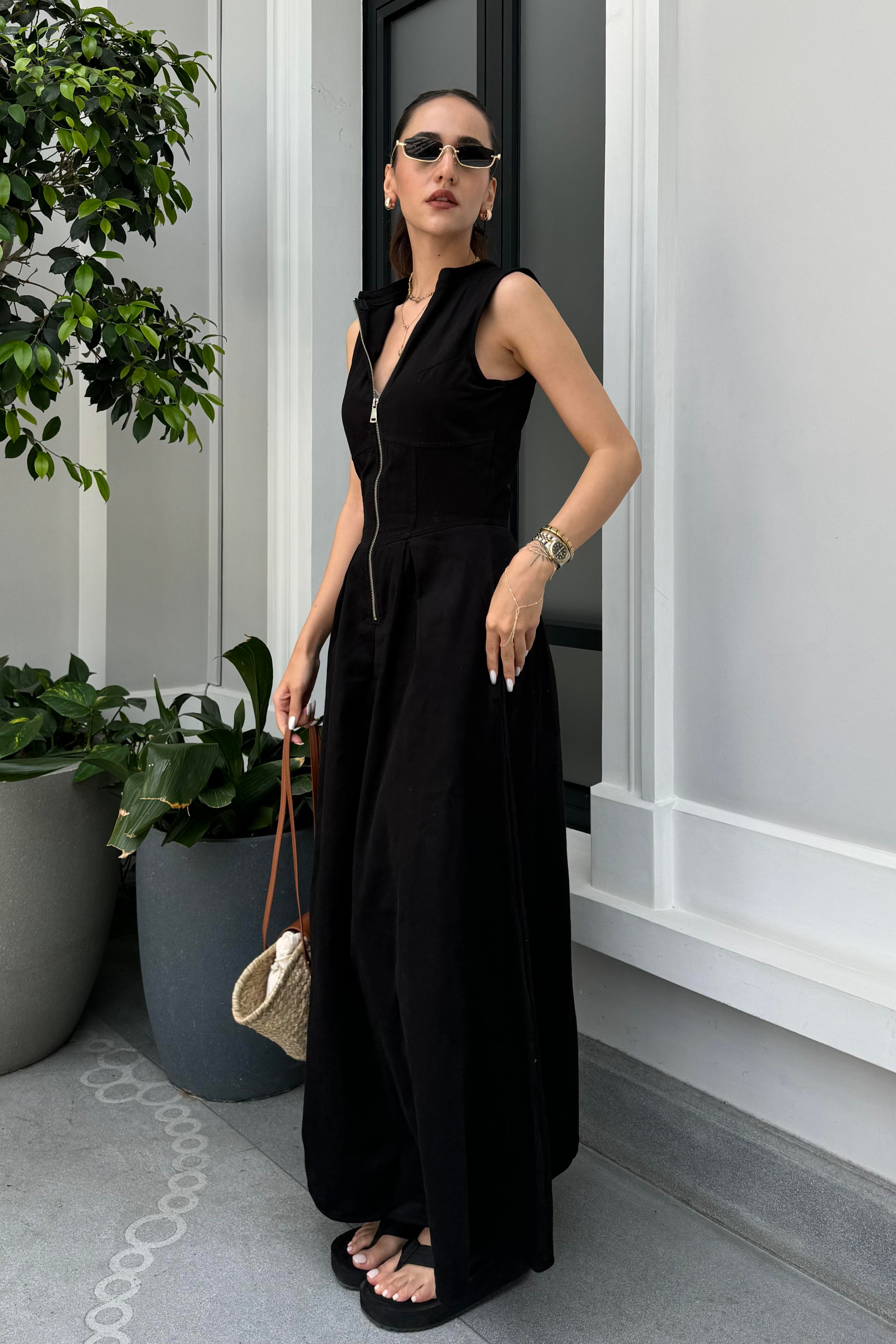 Siyah Gabardin Uzun Elbise - Kadın Elbise Modelleri - Nazliye Moda - Kadın Giyim Modası