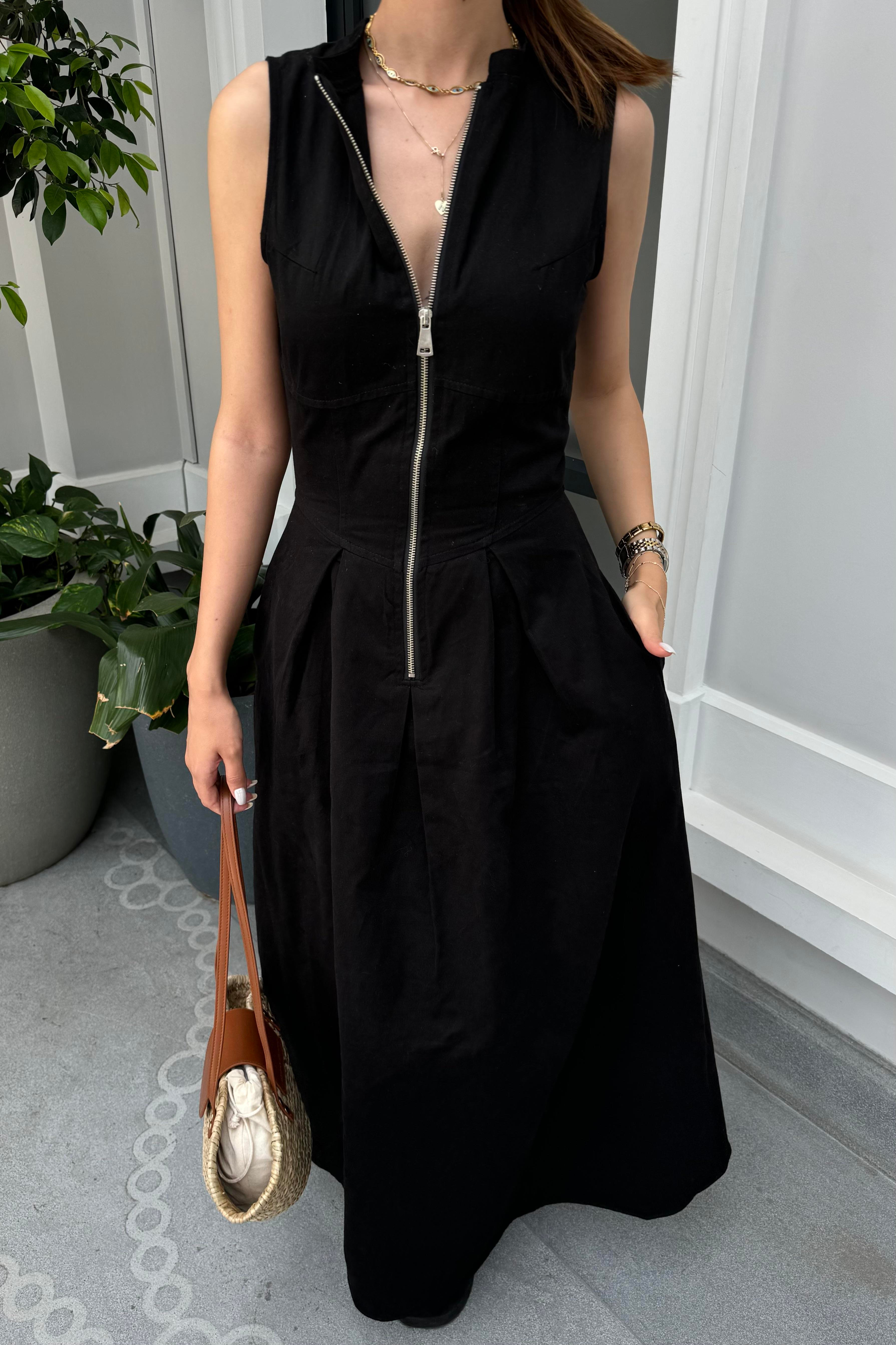 Siyah Gabardin Uzun Elbise - Kadın Elbise Modelleri - Nazliye Moda - Kadın Giyim Modası