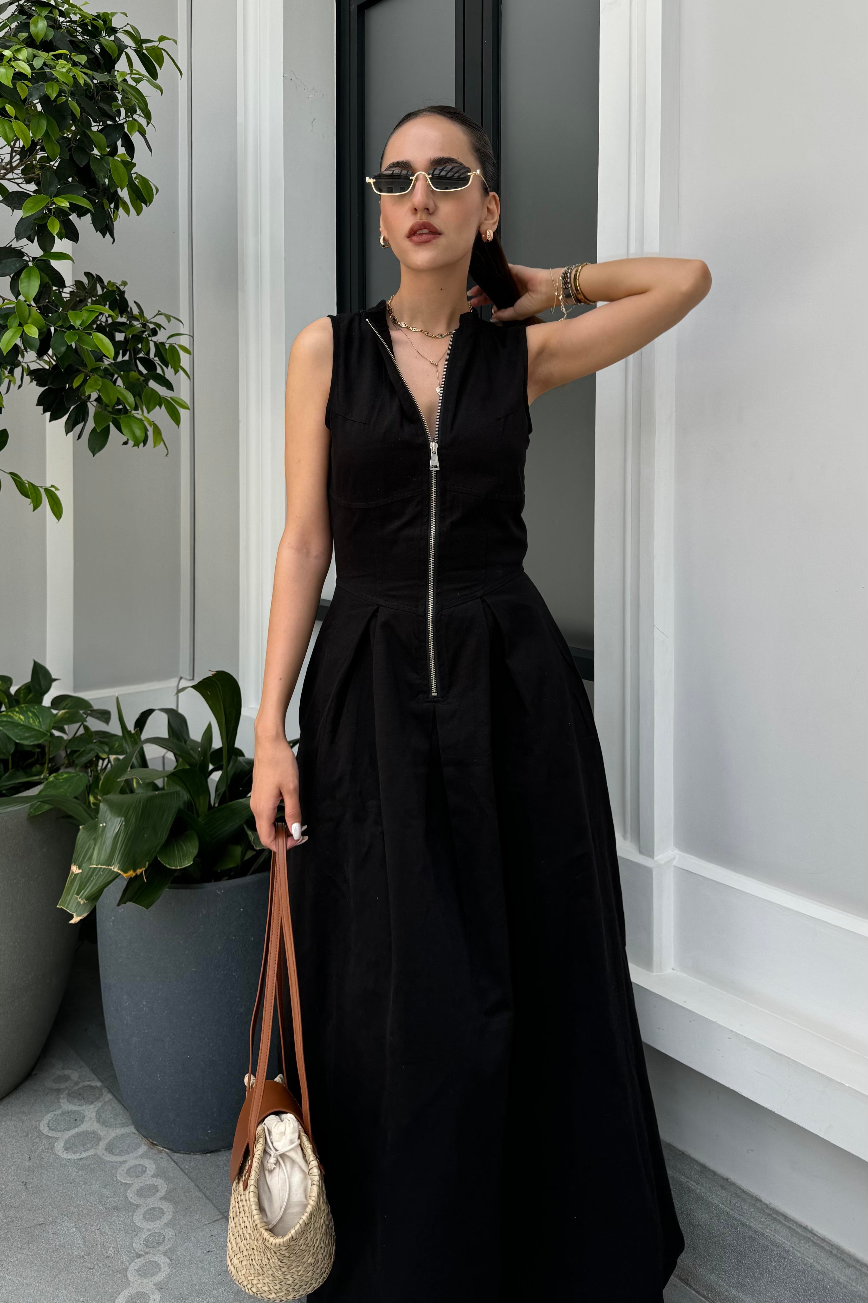 Siyah Gabardin Uzun Elbise - Kadın Elbise Modelleri - Nazliye Moda - Kadın Giyim Modası