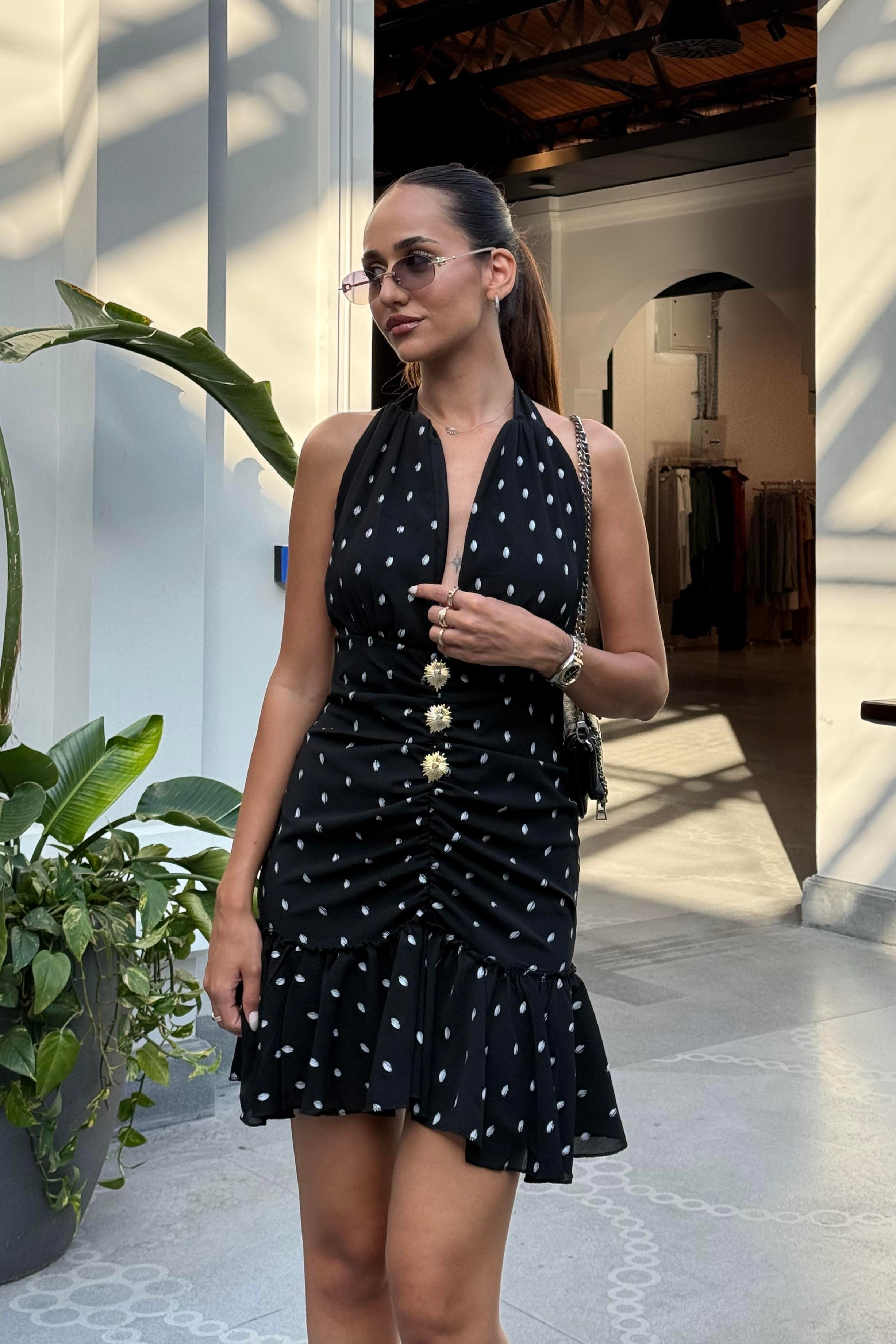 Siyah Gold Düğme Puantiye Mini Elbise - Kadın Elbise Modelleri - Nazliye Moda | Kadın Giyim Modası