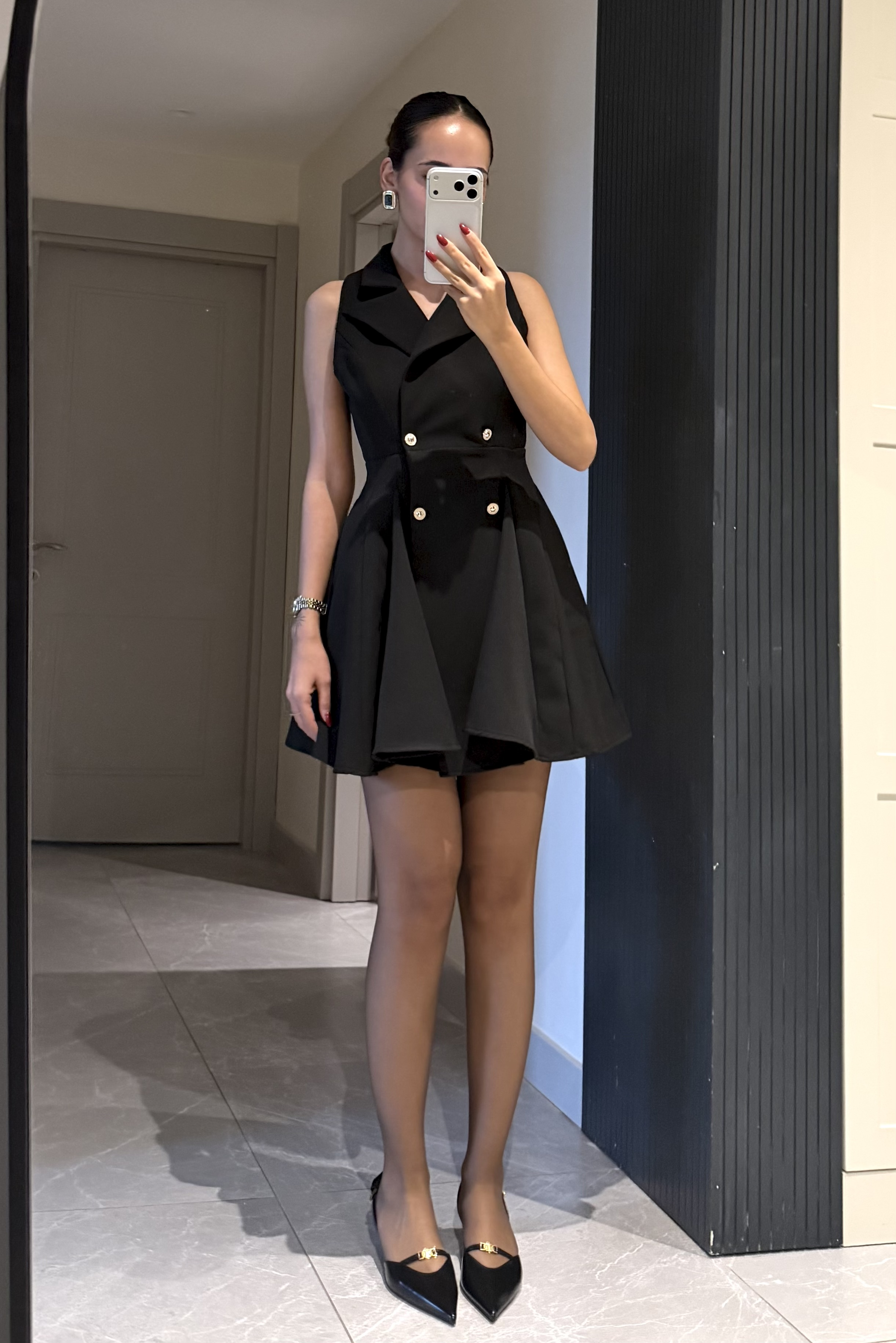 Siyah Gold Düğmeli Mini Elbise - Kadın Elbise Modelleri - Nazliye Moda | Kadın Giyim Modası