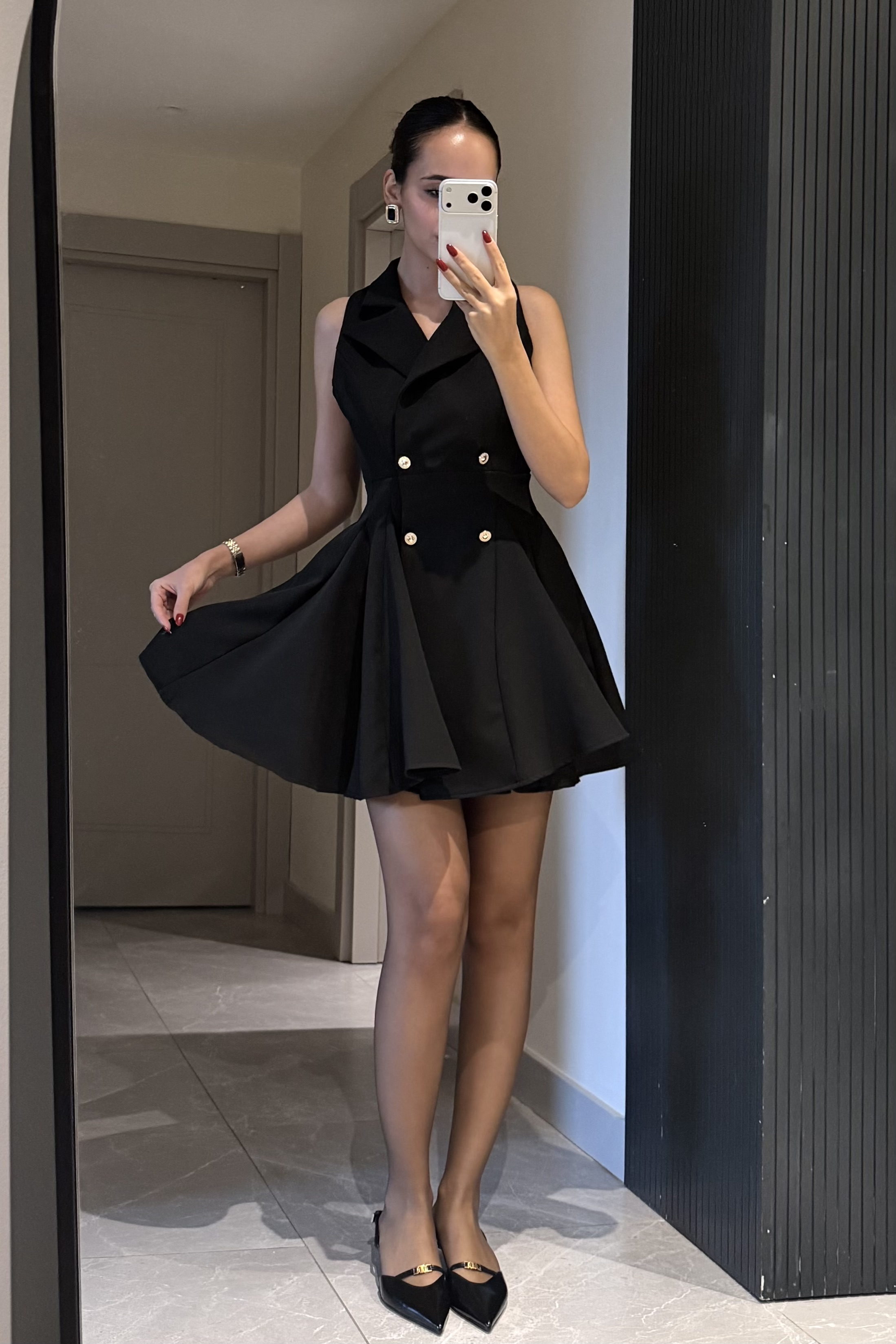 Siyah Gold Düğmeli Mini Elbise - Kadın Elbise Modelleri - Nazliye Moda | Kadın Giyim Modası