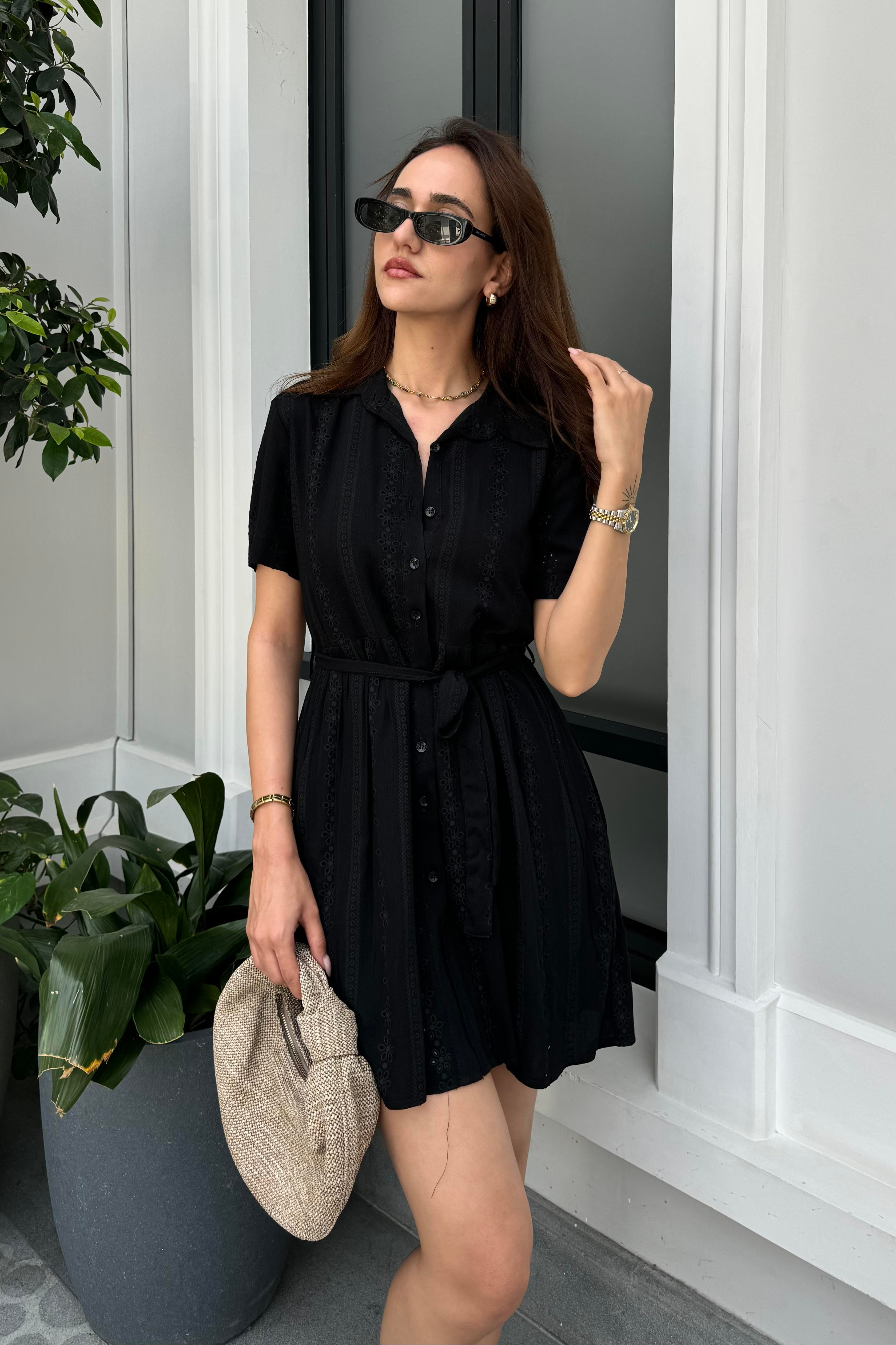 Siyah Güpürlü Mini Gömlek Elbise - Kadın Dresses Modelleri - Nazliye Moda - Kadın Giyim Modası