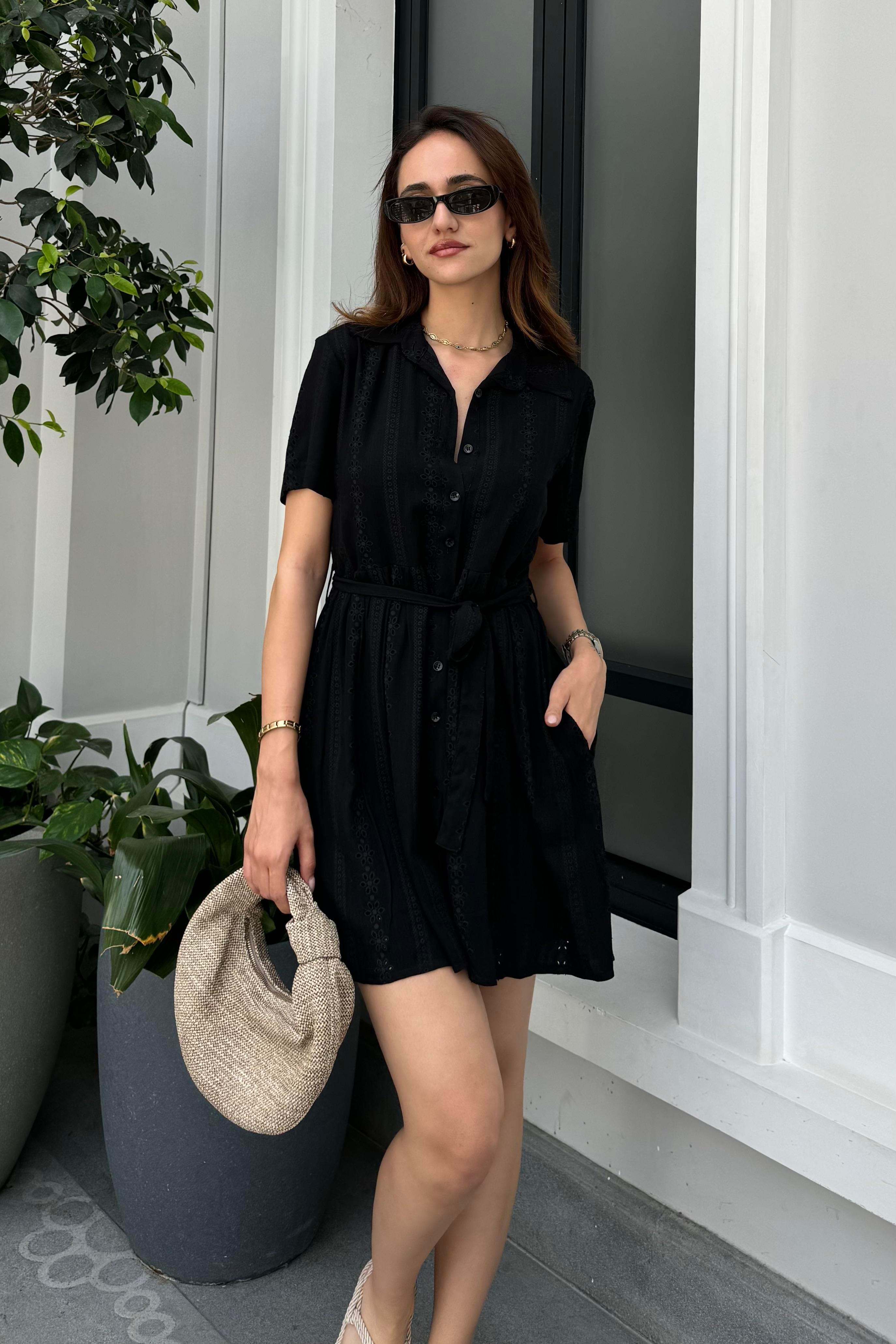 Siyah Güpürlü Mini Gömlek Elbise - Kadın Dresses Modelleri - Nazliye Moda - Kadın Giyim Modası