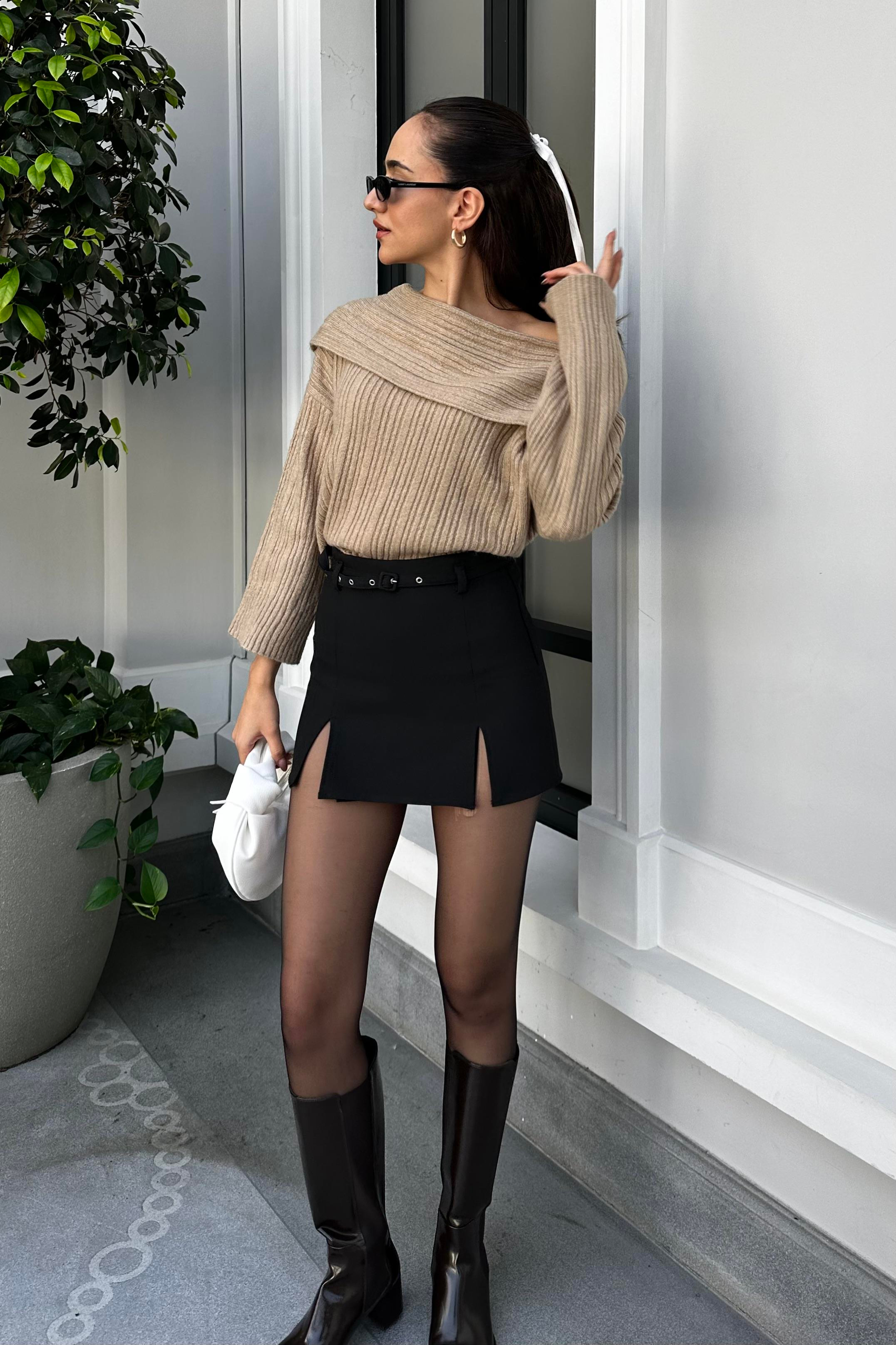 Siyah Kemer Detay Şort Etek - Kadın Skirts Modelleri - Nazliye Moda - Kadın Giyim Modası