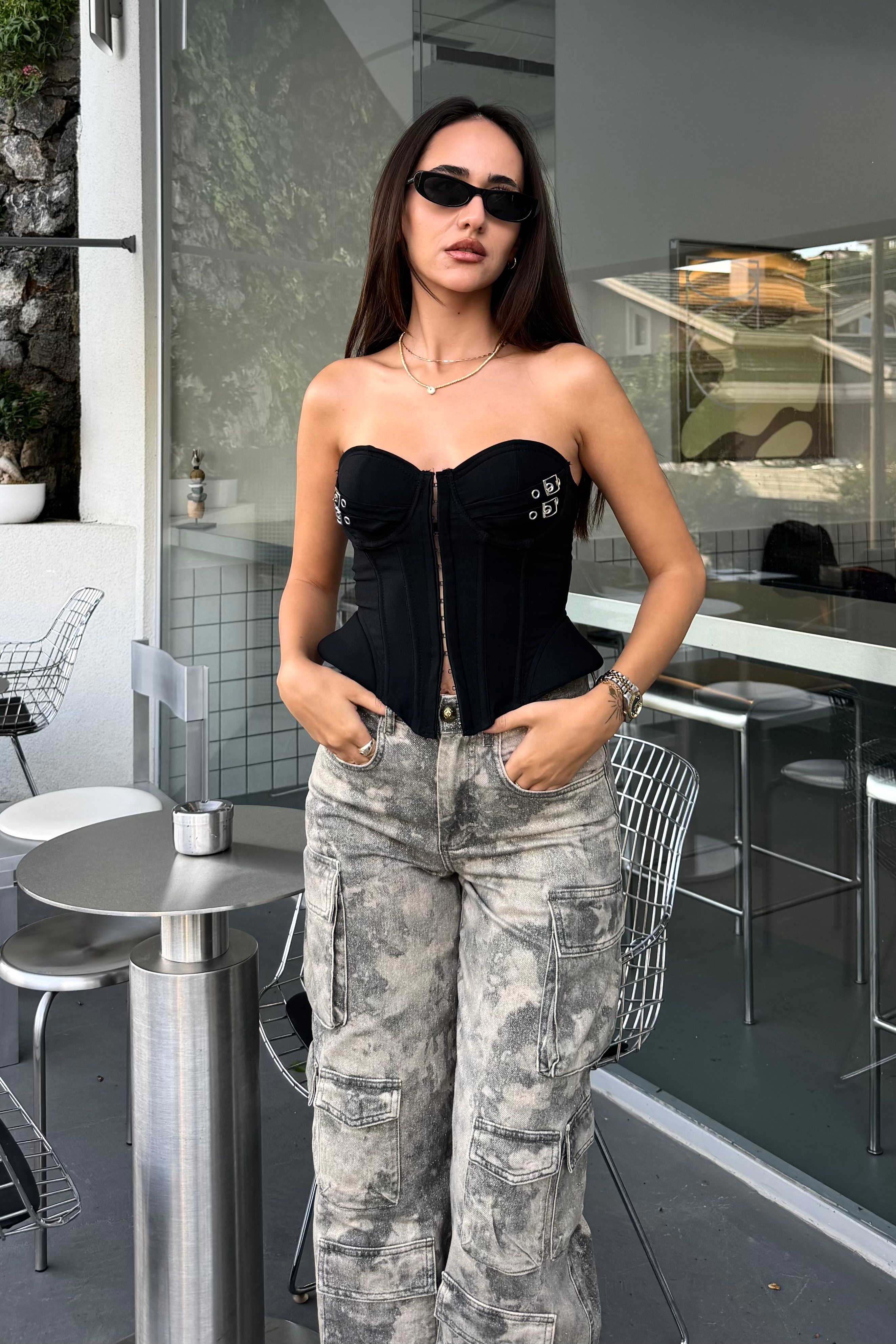 Siyah Kemer Detay Straplez Bluz - Kadın Bluz Modelleri - Nazliye Moda | Kadın Giyim Modası