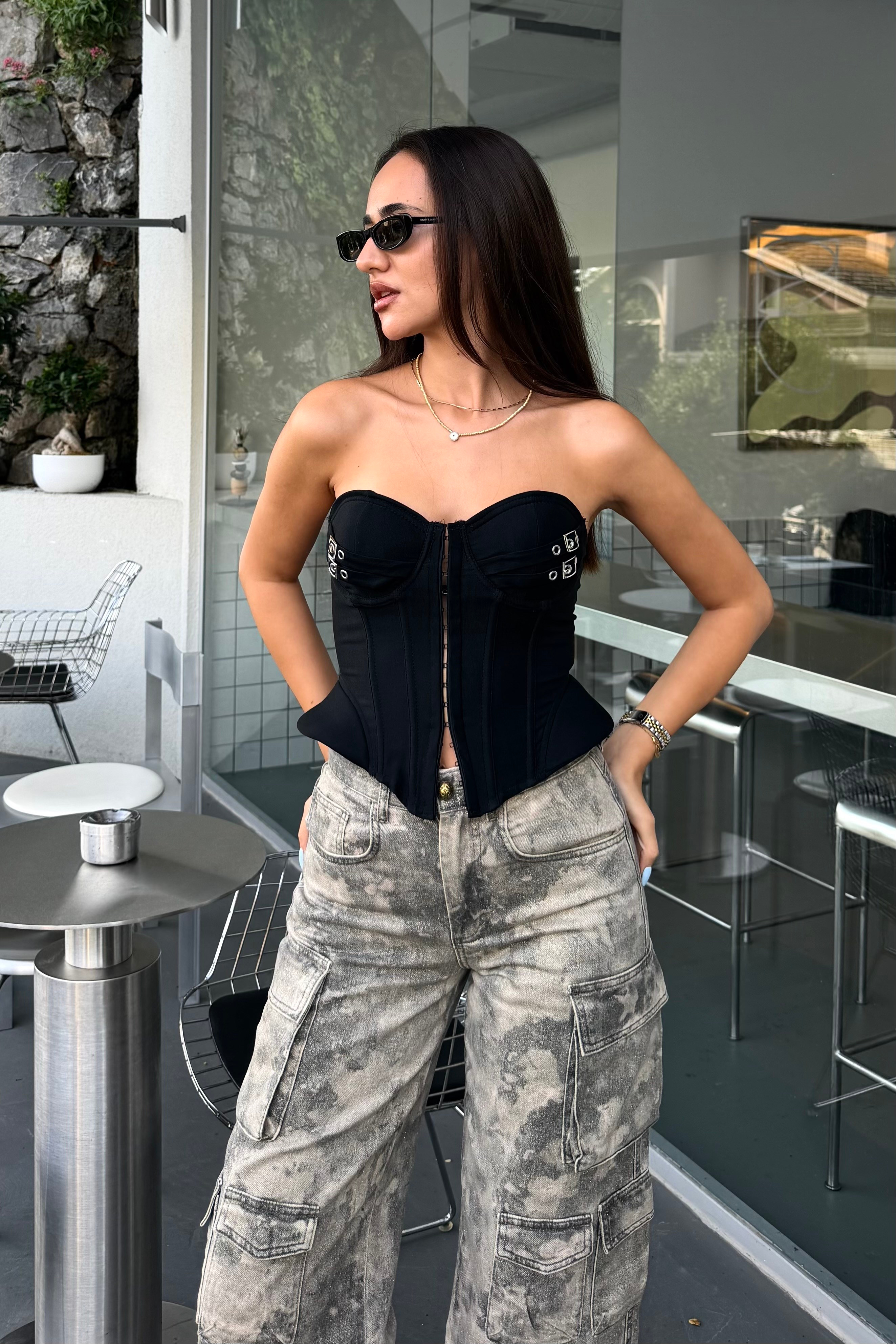 Siyah Kemer Detay Straplez Bluz - Kadın Bluz Modelleri - Nazliye Moda | Kadın Giyim Modası