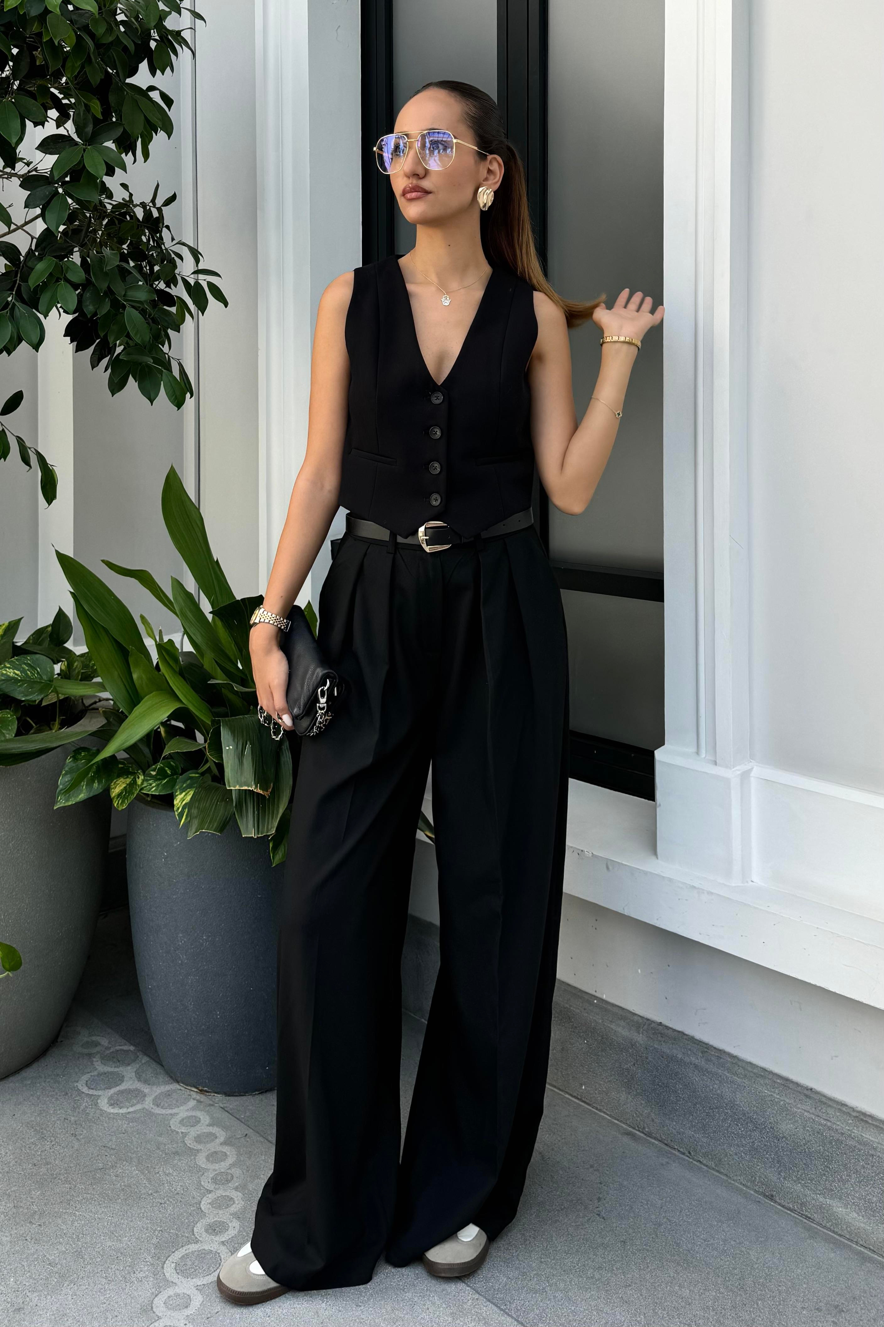 Siyah Kemerli Pileli Palazzo Pantolon - Kadın Trousers Modelleri - Nazliye Moda | Kadın Giyim Modası