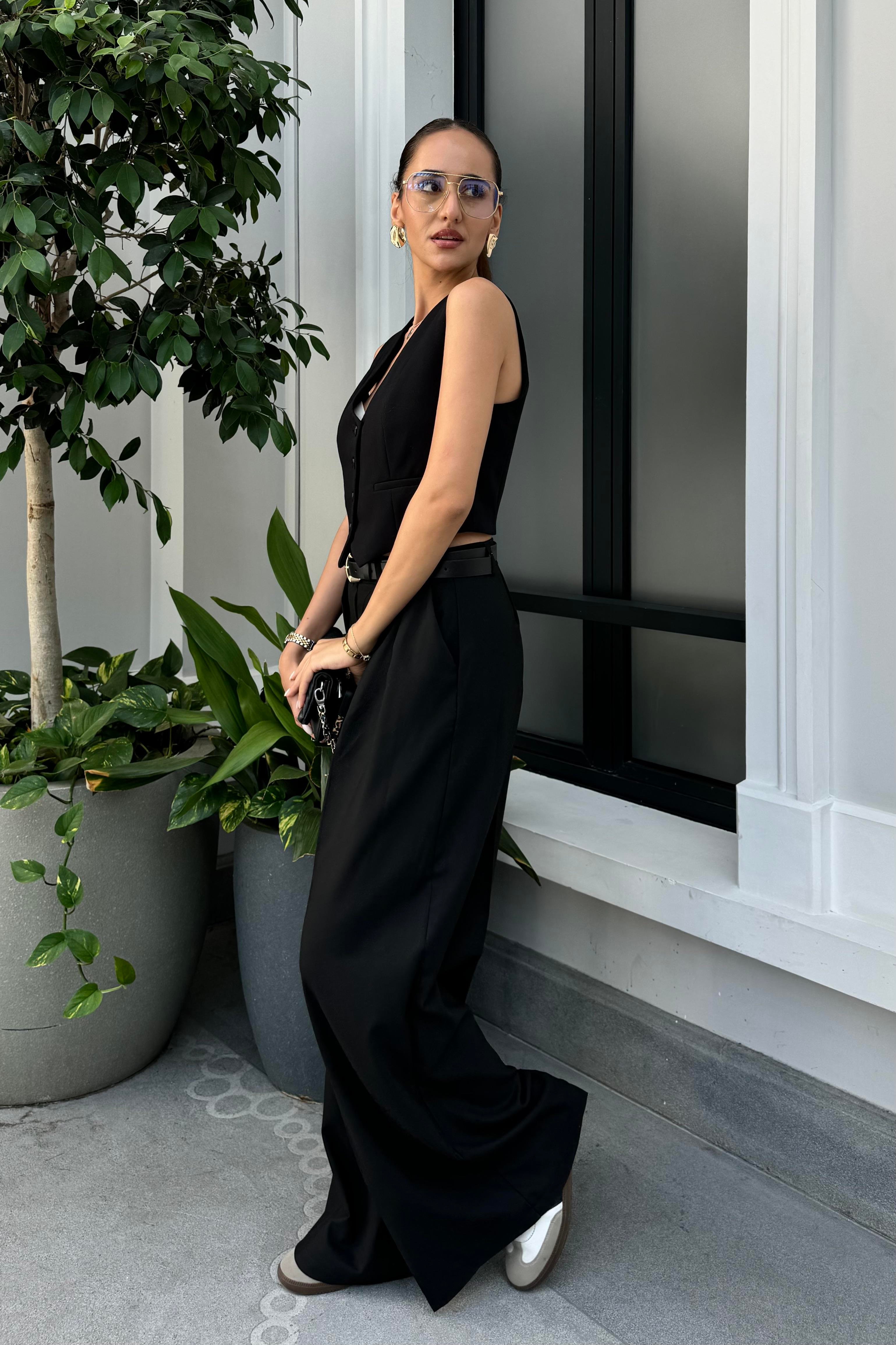 Siyah Kemerli Pileli Palazzo Pantolon - Kadın Trousers Modelleri - Nazliye Moda | Kadın Giyim Modası